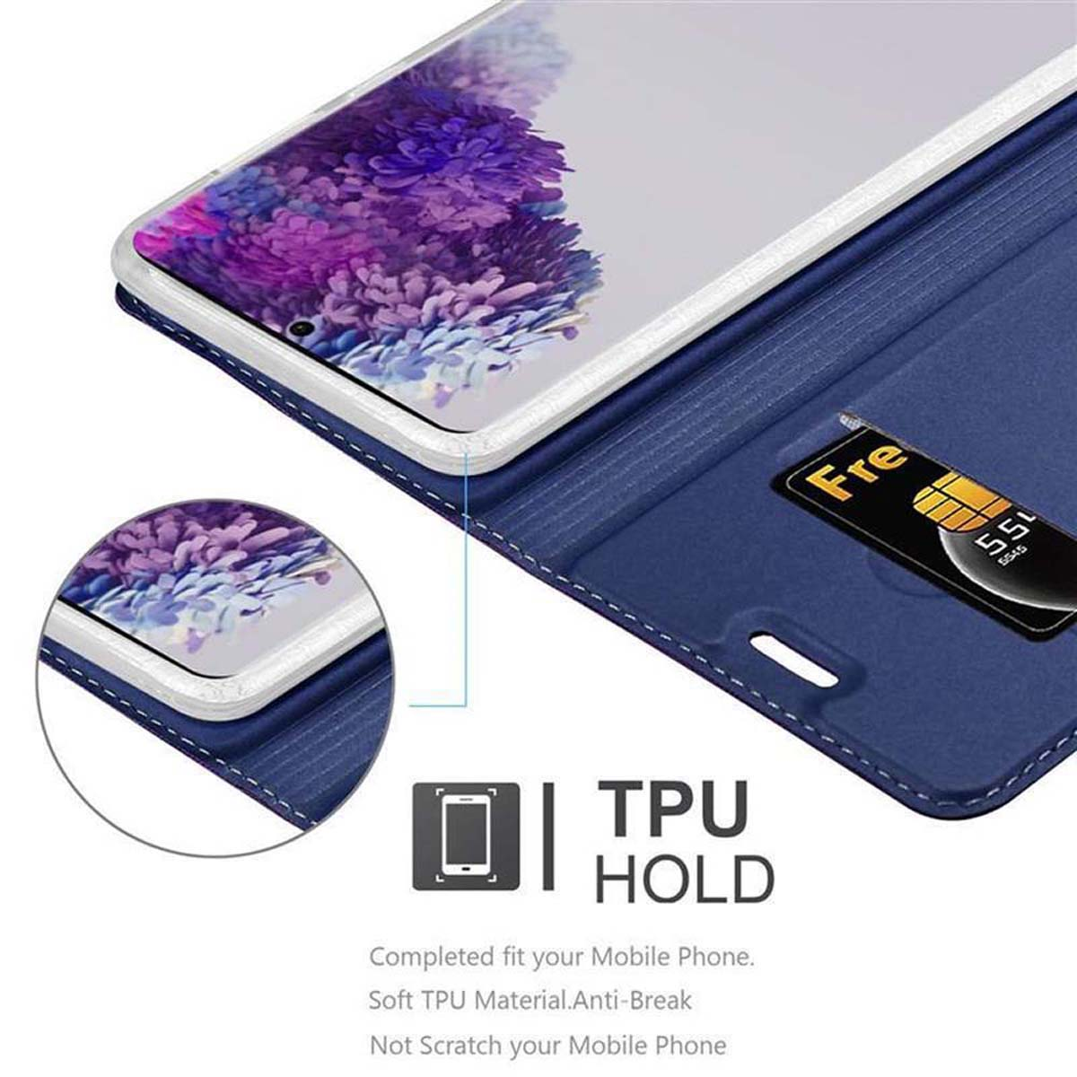 Geöffnete blaue Handy-Geldbörse mit Karten, Geld und Telefon. Text: TPU HOLD, Weiches TPU-Material, Bruchsicher.