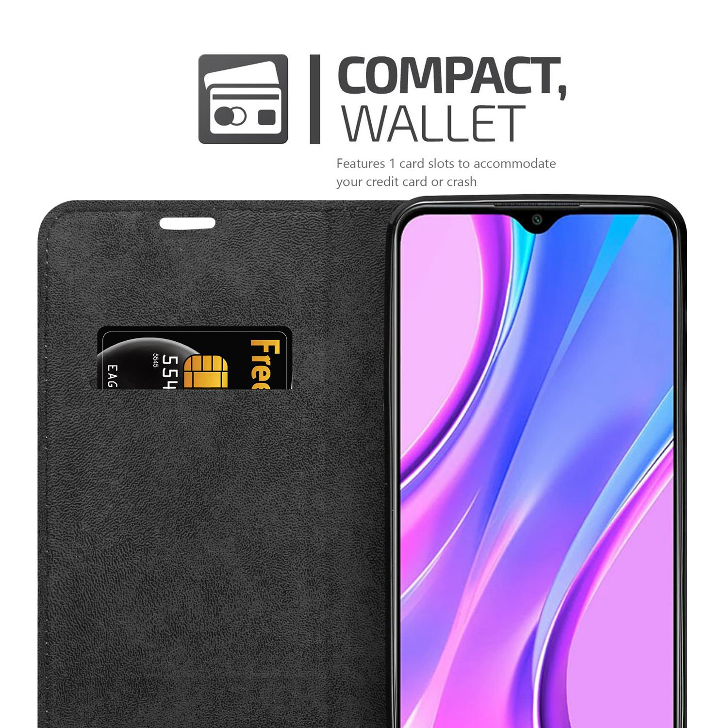 Schwarze Handytasche mit Kreditkartenfach, Telefon sichtbar. Kompaktes Portemonnaie-Design.