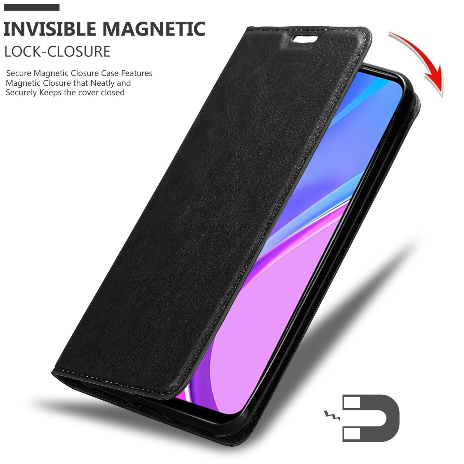 Schwarze Handyhülle offen, zeigt ein Telefon im Inneren, mit Magnetverschluss-Symbol.