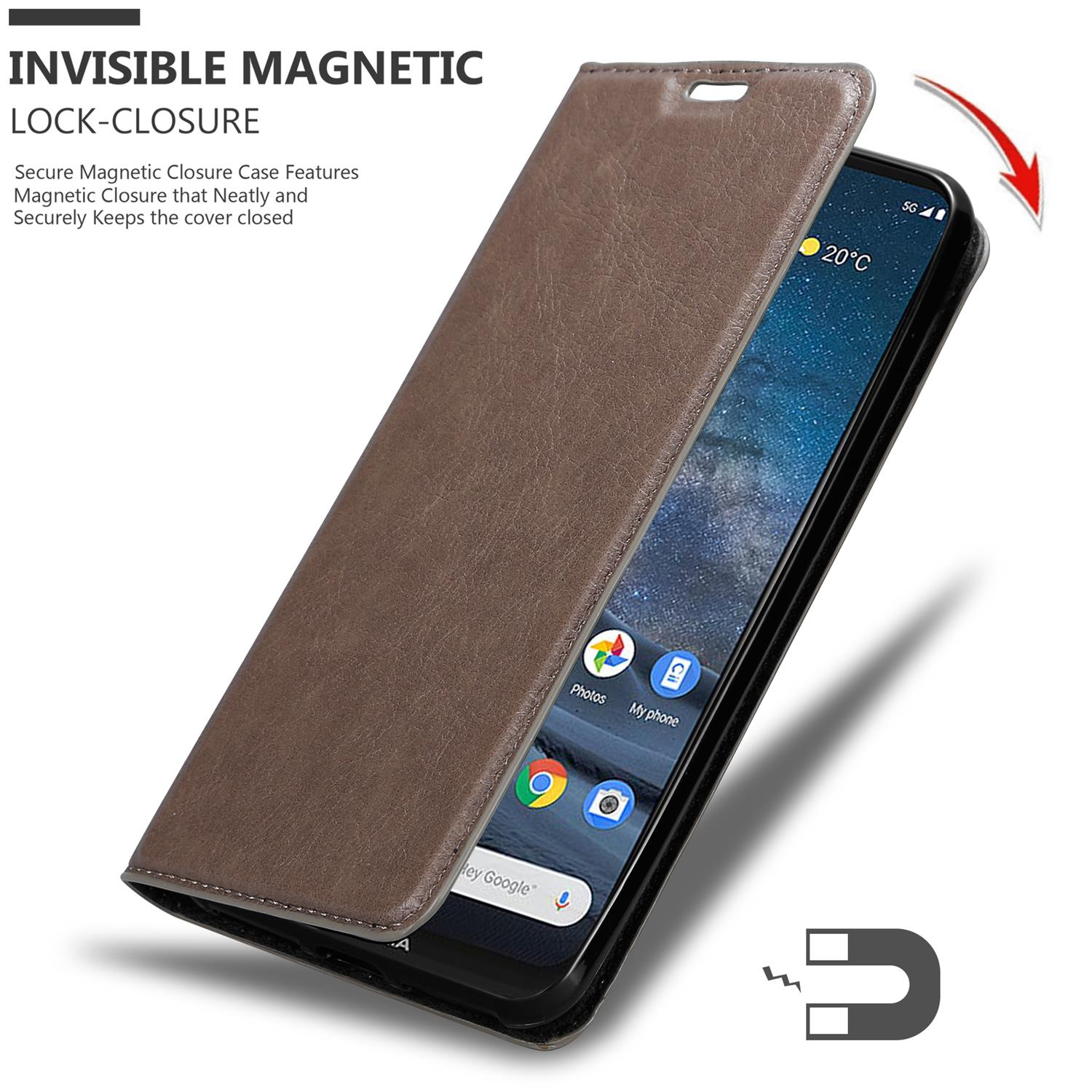 Una custodia in pelle marrone aperta, che mostra un telefono con schermo. La custodia ha una chiusura magnetica.