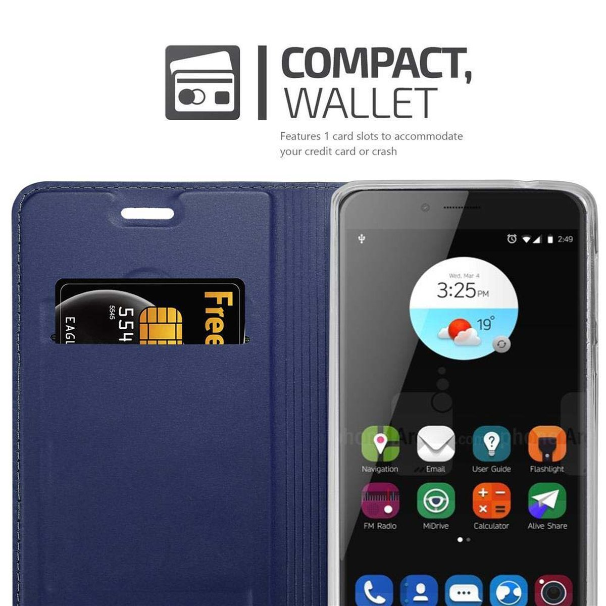 Custodia blu per telefono con un telefono all'interno. Slot per schede. Widget meteo visibile. Sovrapposizione di testo.
