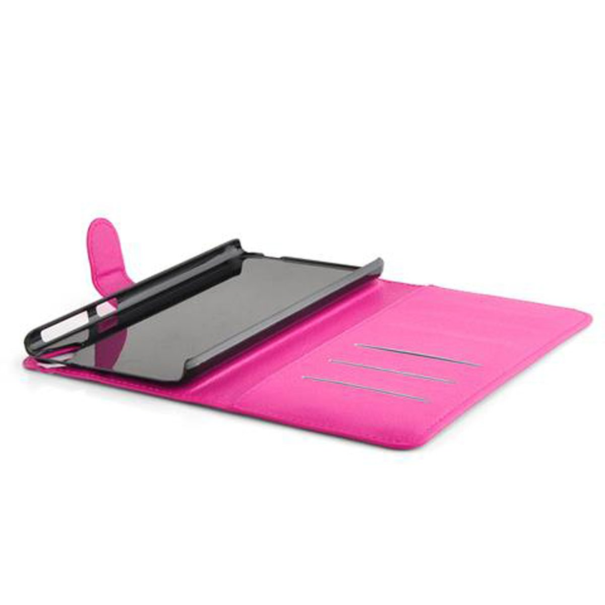 Una custodia per telefono rosa aperta, che mostra il supporto del telefono. Tre fessure per carte sono visibili. Sfondo semplice.