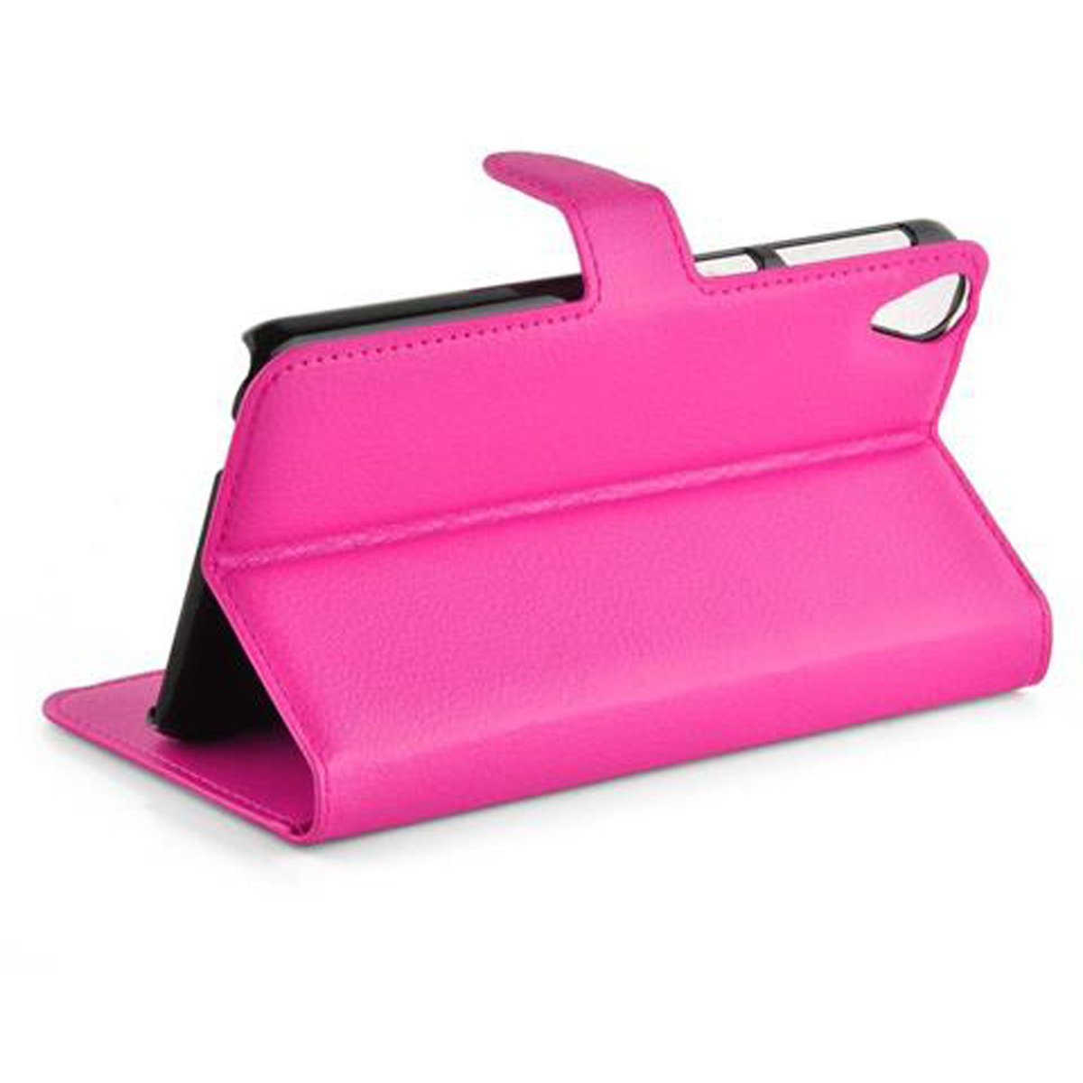 Custodia per telefono rosa acceso, piegata per rivelare un telefono. Ha una maniglia e un supporto.