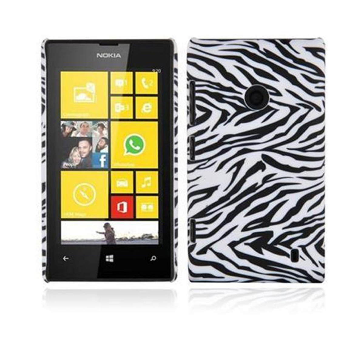 Handy mit Zebra-Muster-Hülle, zeigt Bildschirm und Rückseite der Hülle.