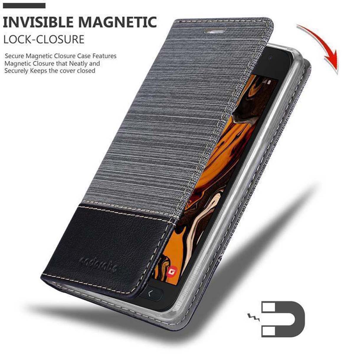 Custodia del telefono aperta, che mostra il telefono e un magnete, con un'icona del magnete.