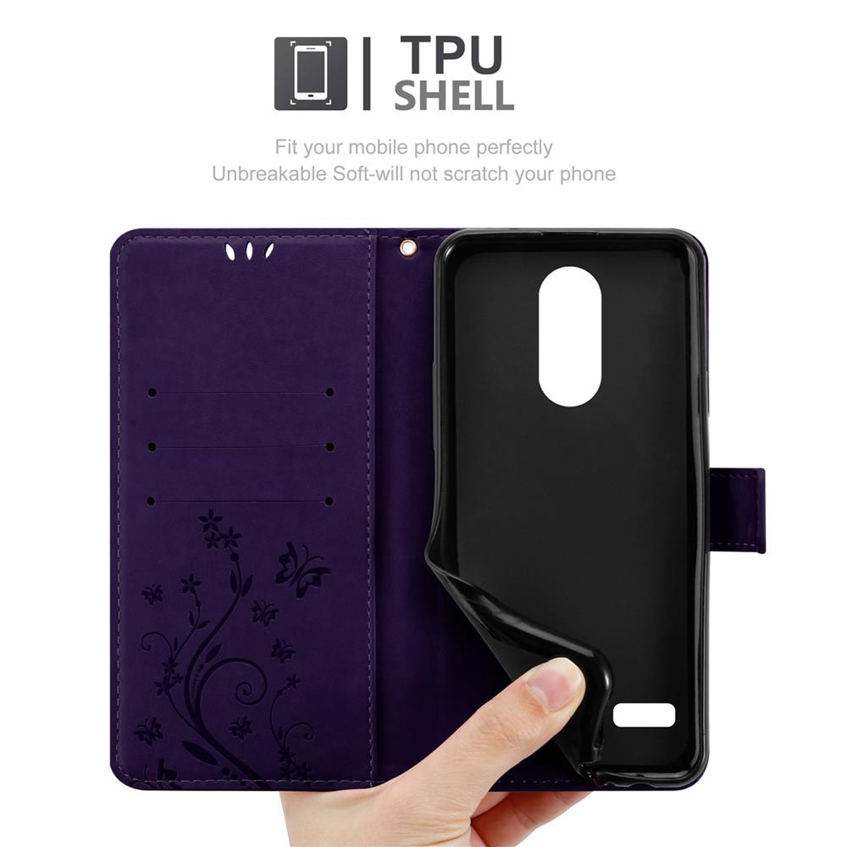 Custodia per telefono viola con design floreale, aperta, con un telefono nero all'interno. Testo: TPU SHELL.