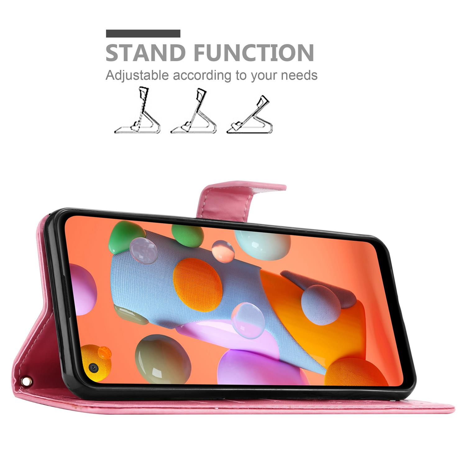 Telefono in una custodia rosa, funzione supporto. Lo schermo mostra un motivo astratto.