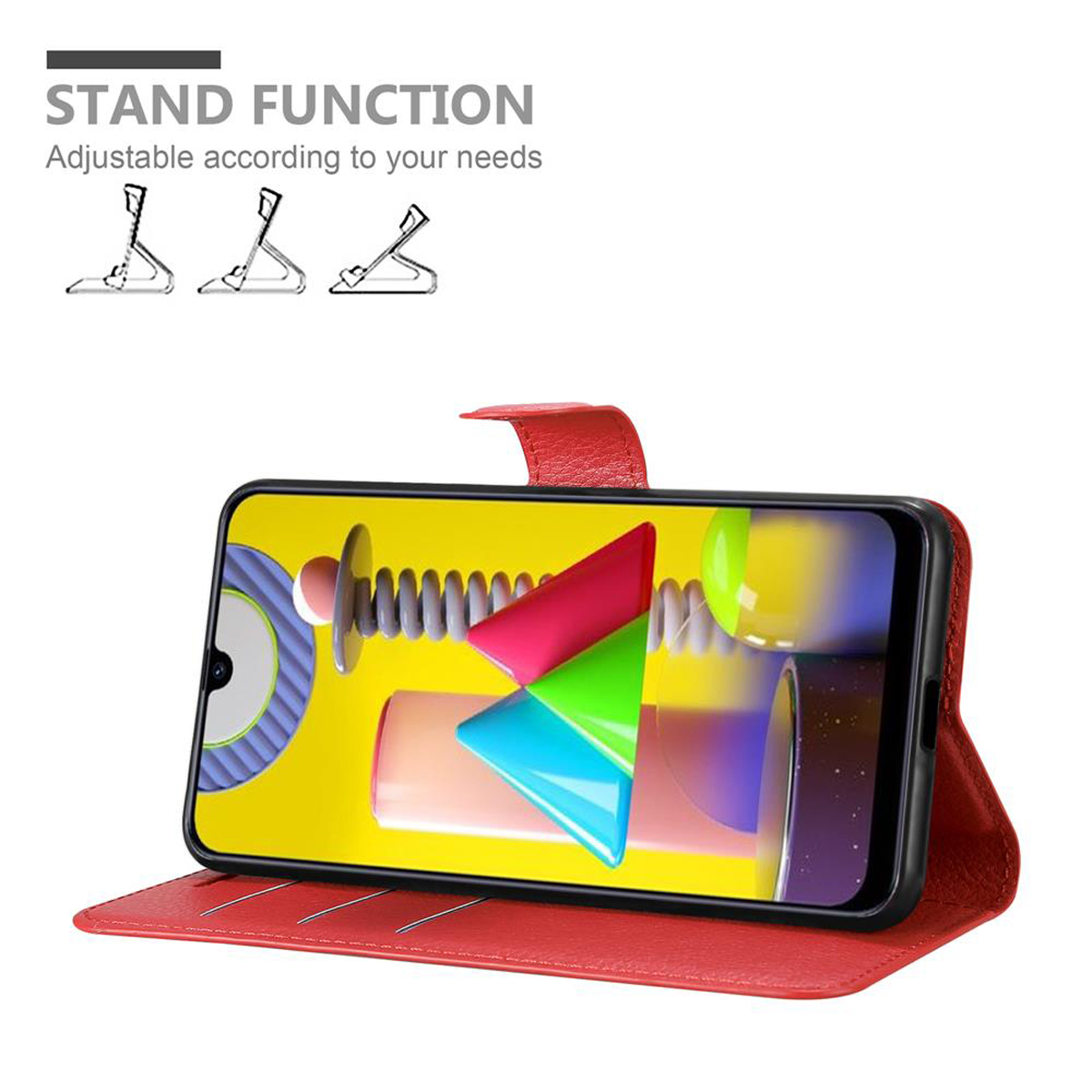 Un telefono in una custodia con supporto rosso che mostra un'immagine astratta colorata. La custodia è aperta e angolata per la visione.