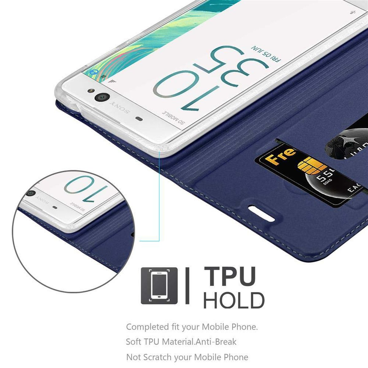 Una custodia blu con un telefono all'interno, una carta di credito e le parole: TPU HOLD.