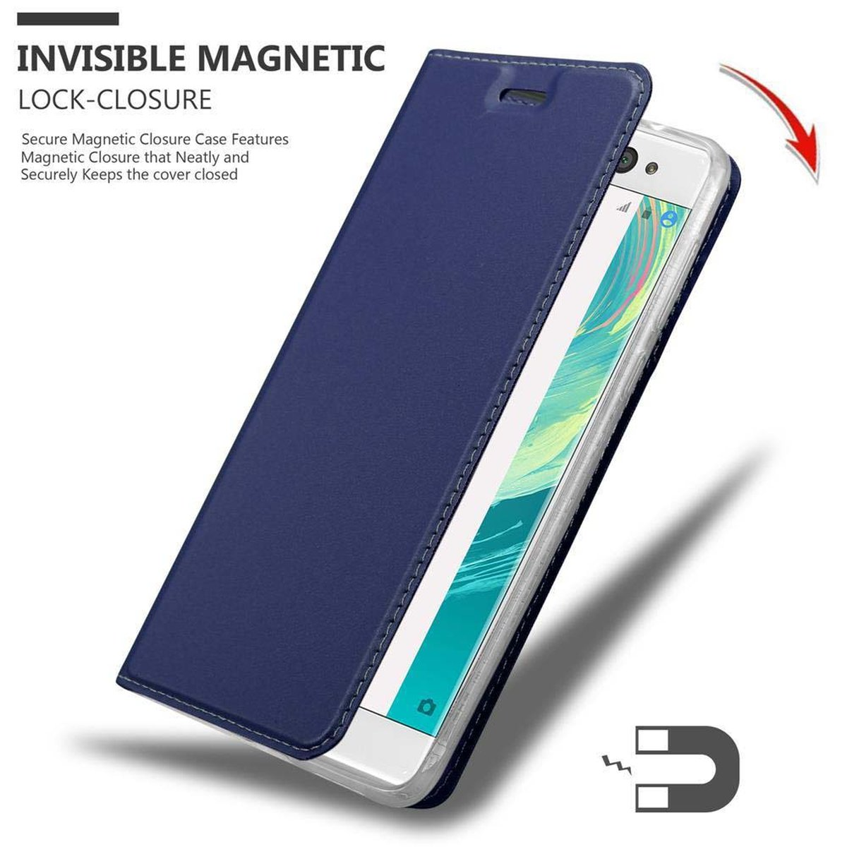 Custodia blu per telefono, aperta, che mostra un telefono. La custodia ha una chiusura magnetica. Viene mostrato un magnete.