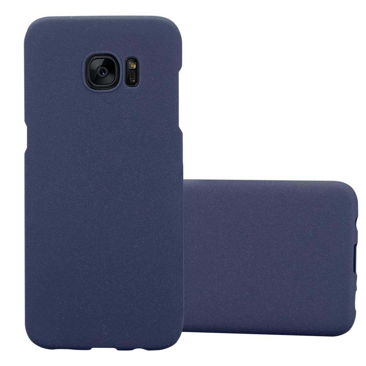 Dos fundas azules para teléfono. Una muestra la cámara, la otra una vista trasera. Fondo blanco.