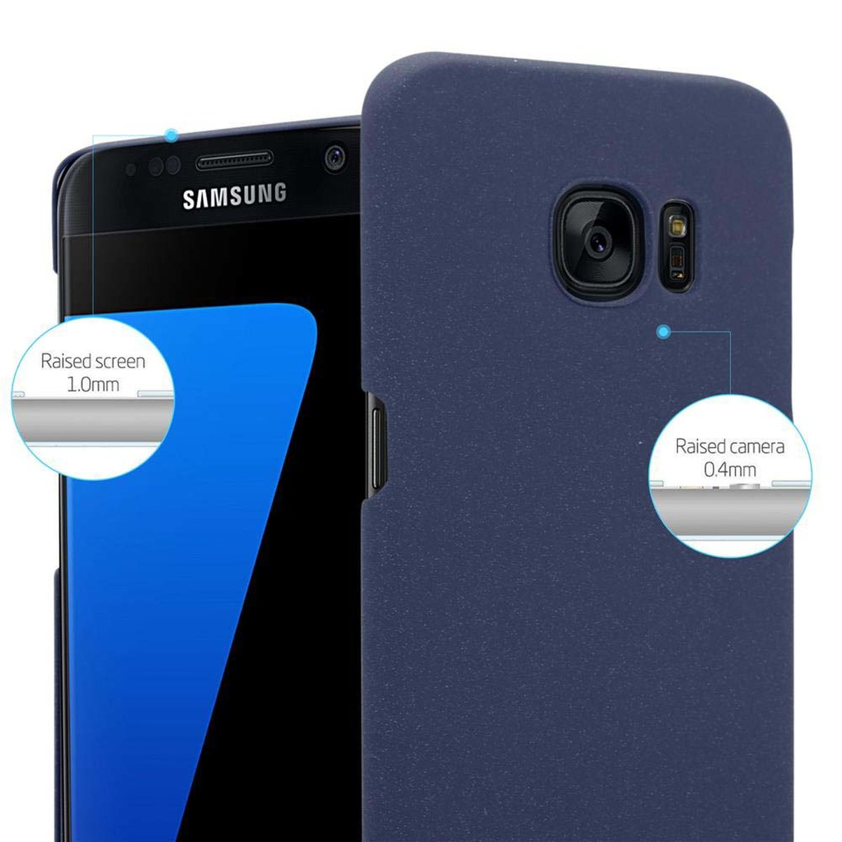 Una funda de teléfono azul oscuro con un teléfono dentro. Muestra bordes elevados de pantalla y cámara para protección.