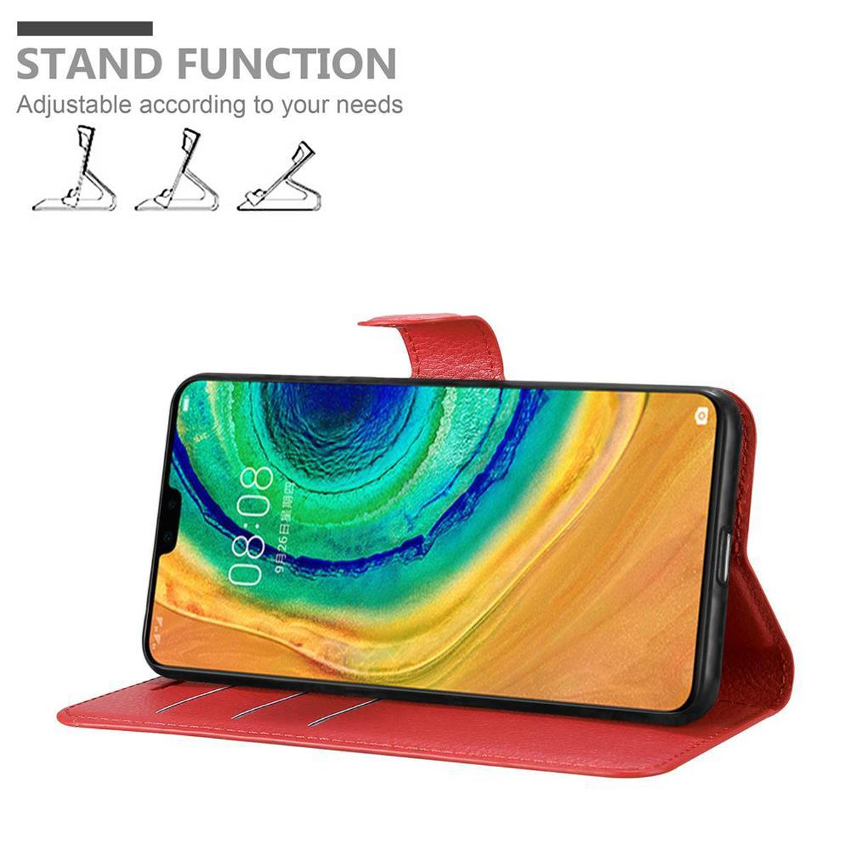 Rote Handyhülle offen, Handy drin, aufgestellt. Handy-Bildschirm zeigt. Standfunktion.