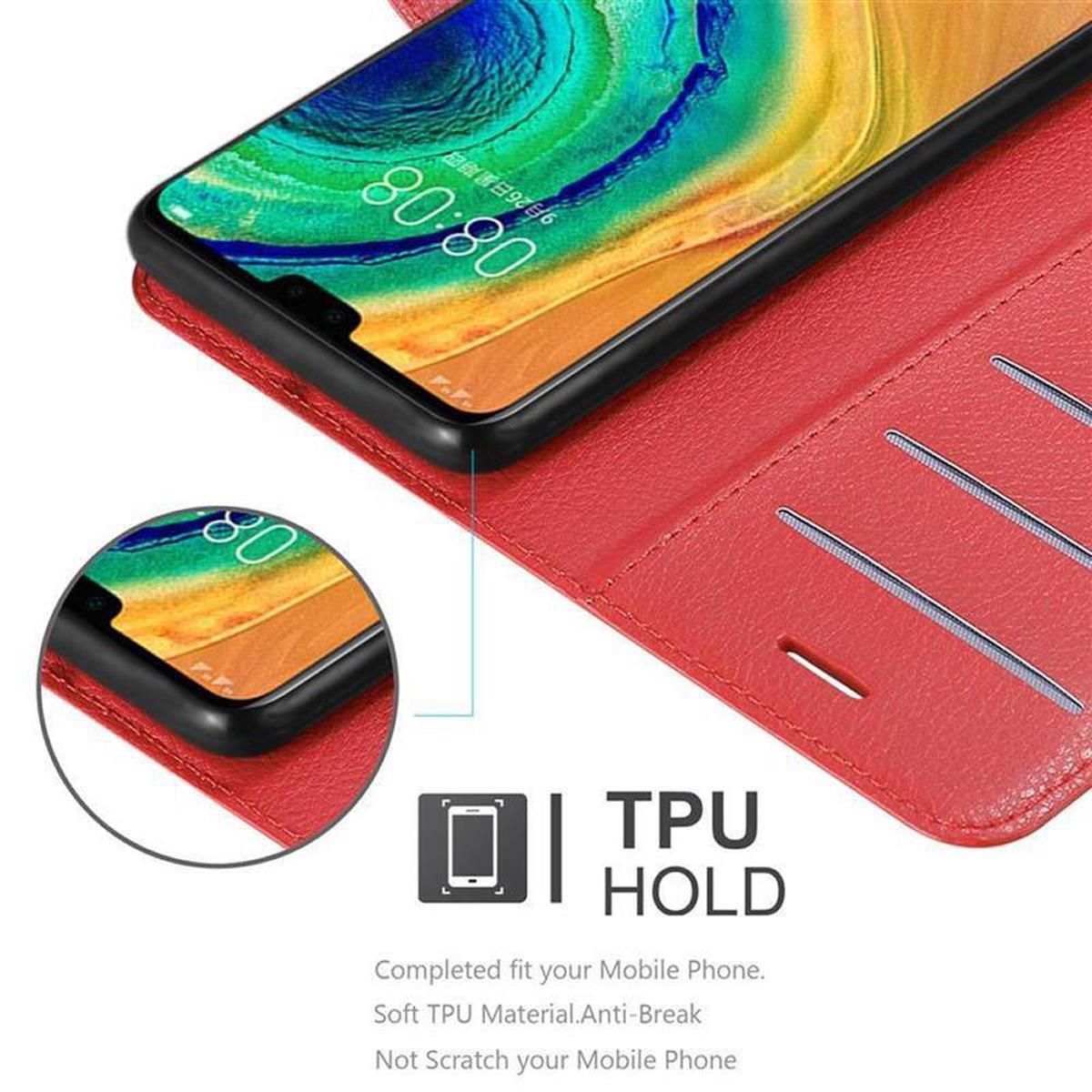 Ein Telefon in einer roten Hülle, mit Nahaufnahme des Bildschirms.