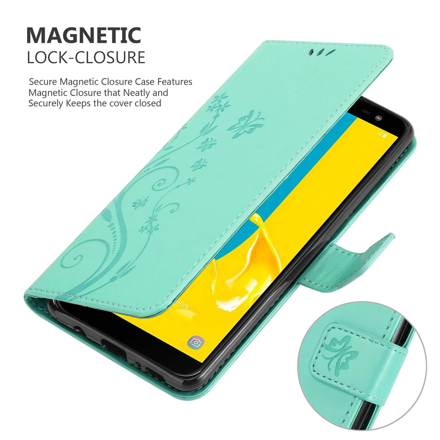 Étui de téléphone vert menthe avec motif floral, fermeture magnétique, tenant un téléphone. Texte : fermeture magnétique, sécurisée.