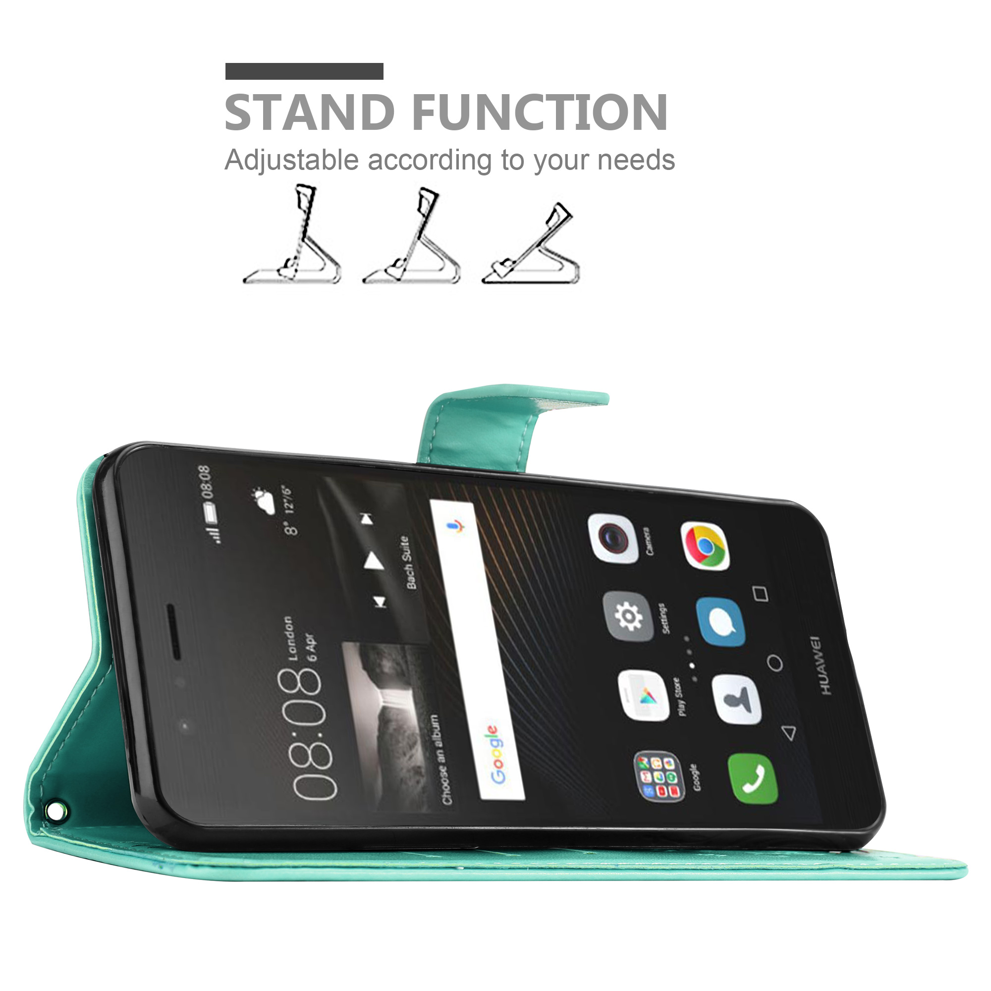 Custodia a portafoglio verde acqua per telefono con un telefono che mostra un'app e l'ora. La custodia è in posizione verticale.