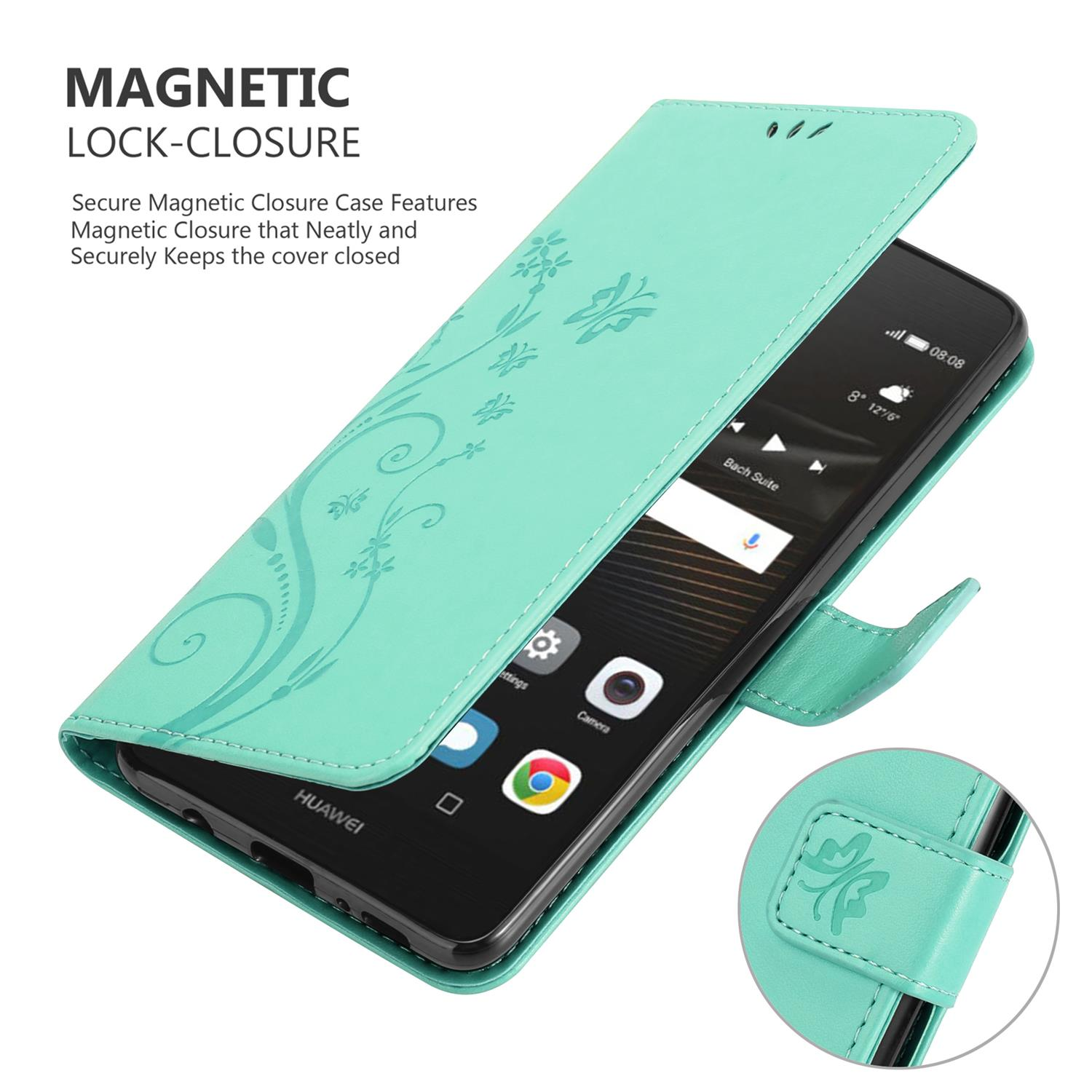 Custodia per telefono verde menta con design floreale, chiusura magnetica, che tiene un telefono. Testo: chiusura magnetica, sicura.