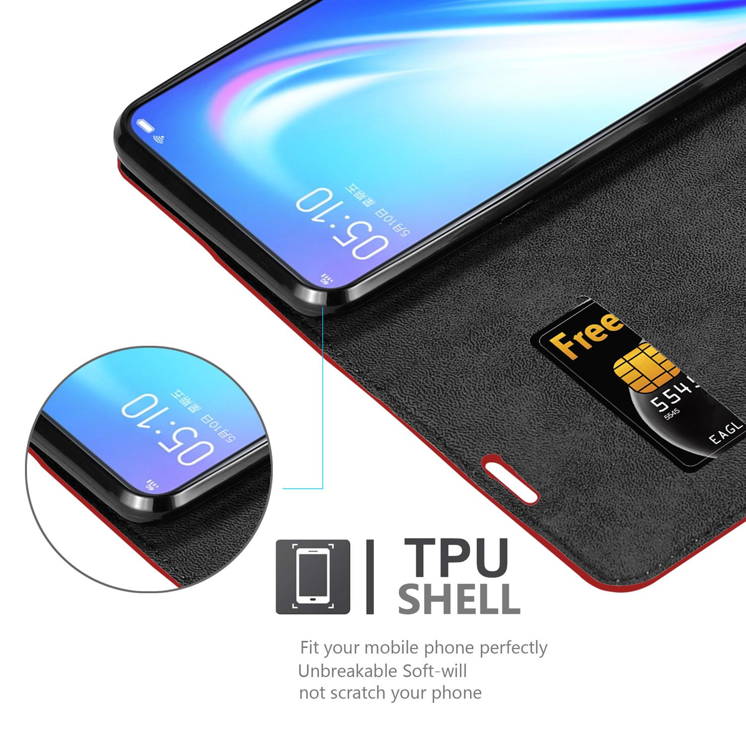 Un telefono nero all'interno di una custodia nera e rossa, con una SIM card e testo guscio TPU, su sfondo bianco.