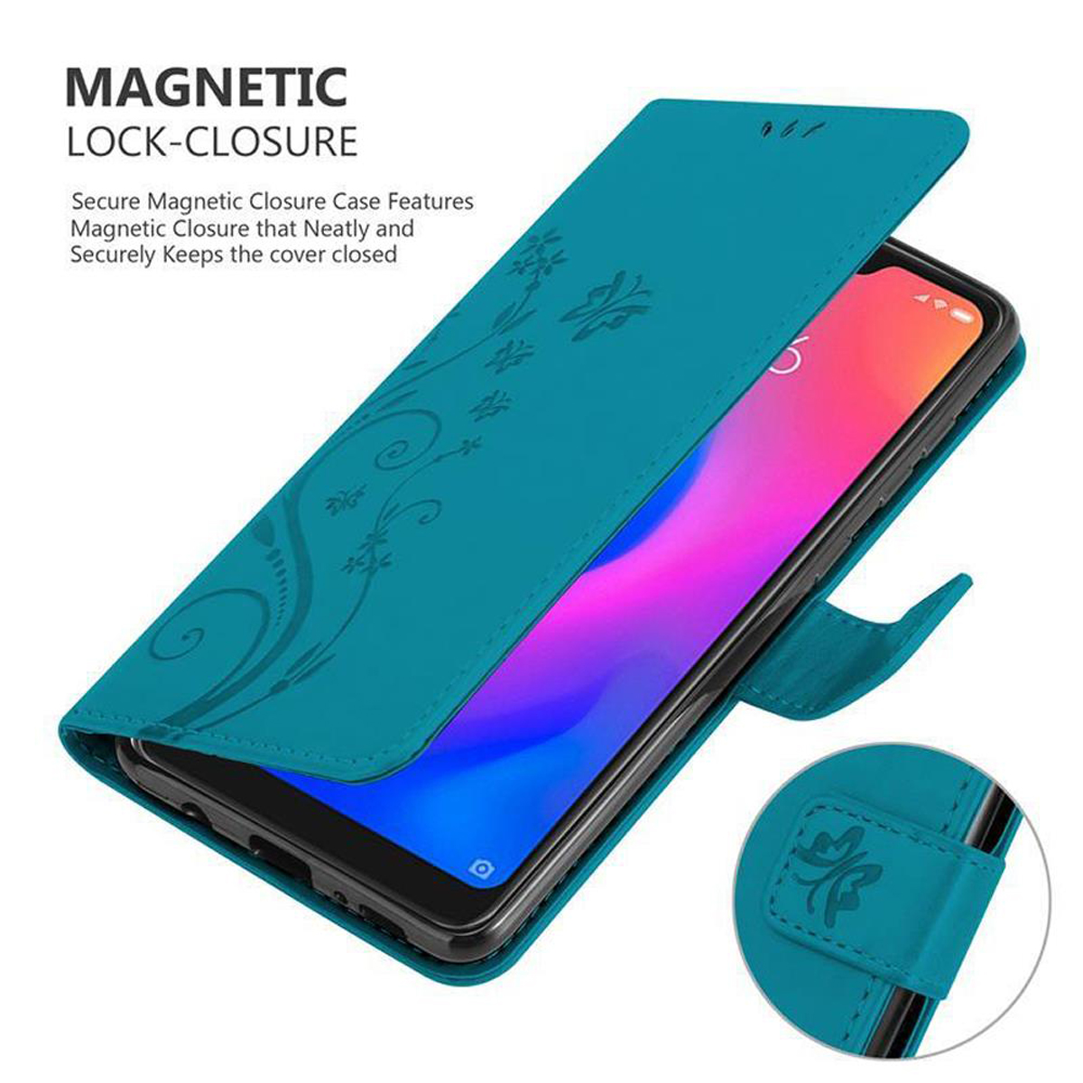 Custodia per telefono turchese con motivo floreale, aperta, chiusura magnetica.