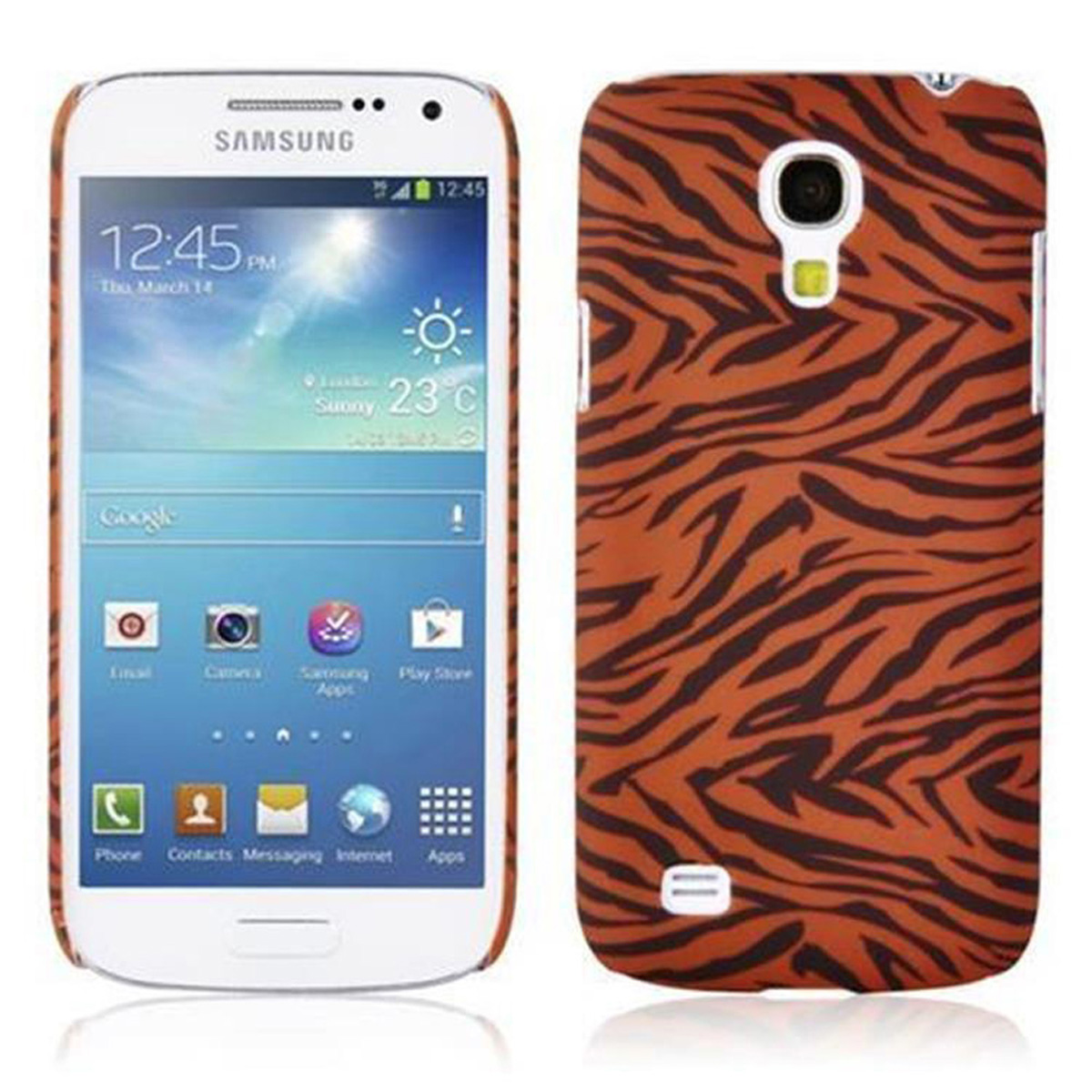 Samsung-Telefon mit Tigerstreifen auf der Rückseite und Bildschirm. Uhrzeit und Datum werden angezeigt. Weißer Hintergrund.