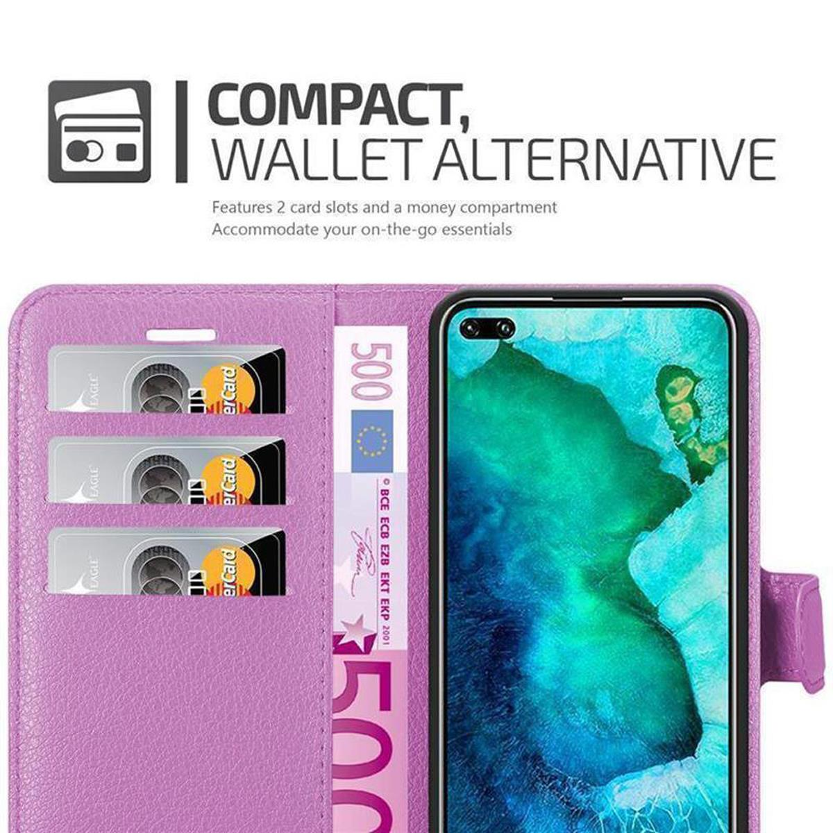 Custodia viola con telefono. Testo: COMPACT, WALLET ALTERNATIVE. Sfondo bianco.