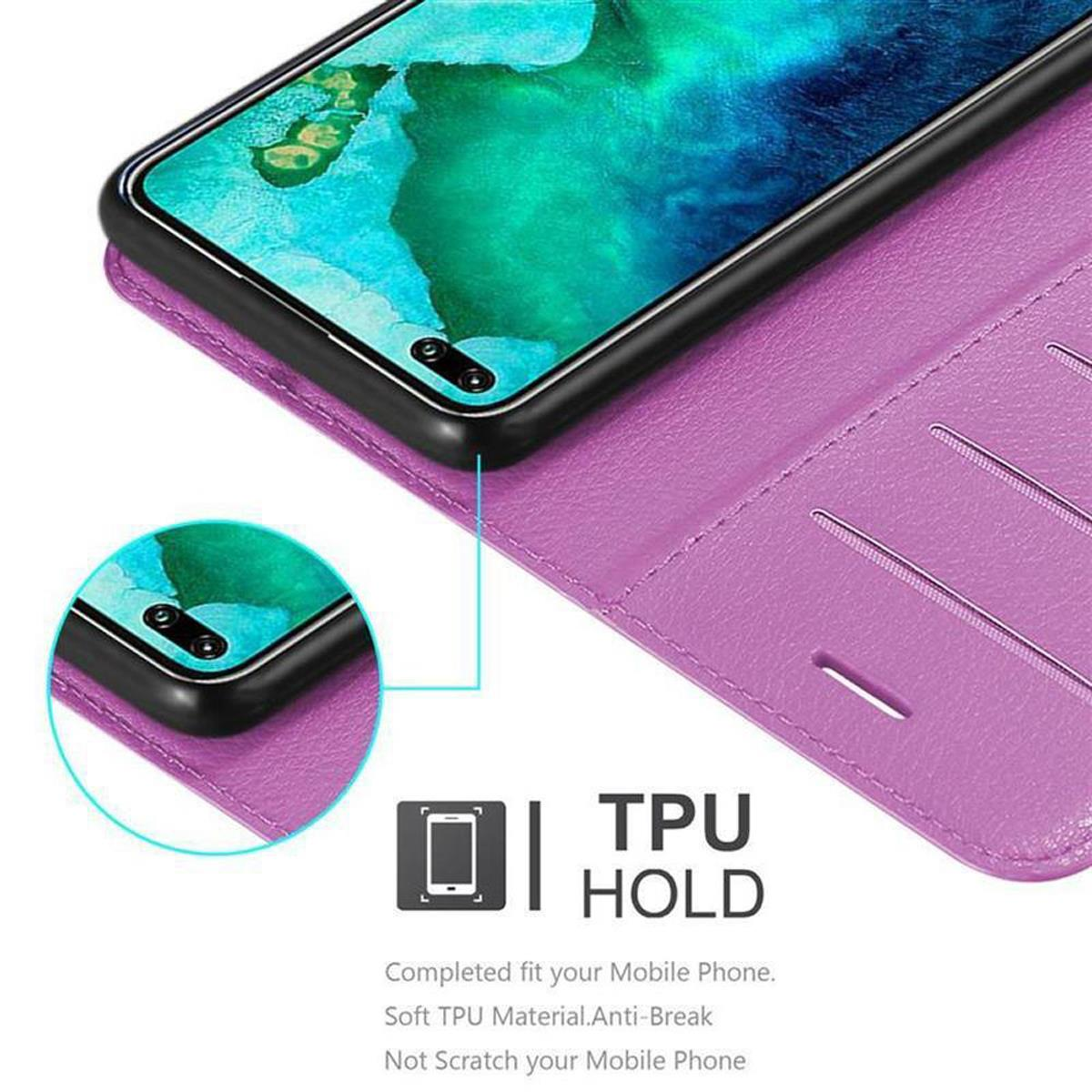 Una custodia viola per telefono con un telefono all'interno. La custodia è aperta. Testo: TPU HOLD. Il telefono è nella custodia.