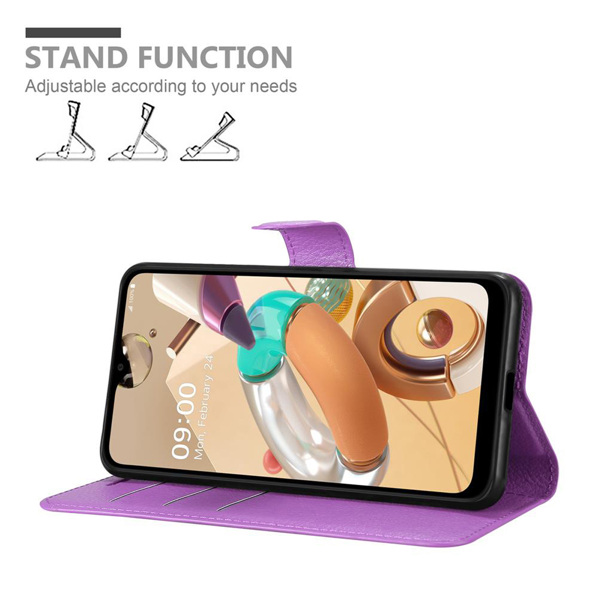 Telefono in custodia viola, aperto. Lo schermo è acceso, mostra un display colorato. La custodia funziona come supporto.