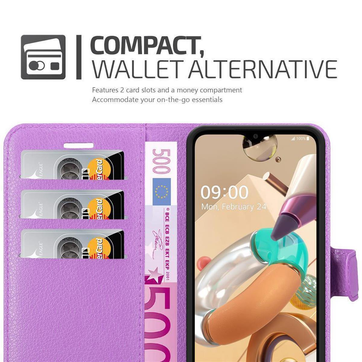 Custodia per telefono viola con fessure per carte, con carte e un telefono. Testo: Alternativa portafoglio compatto.