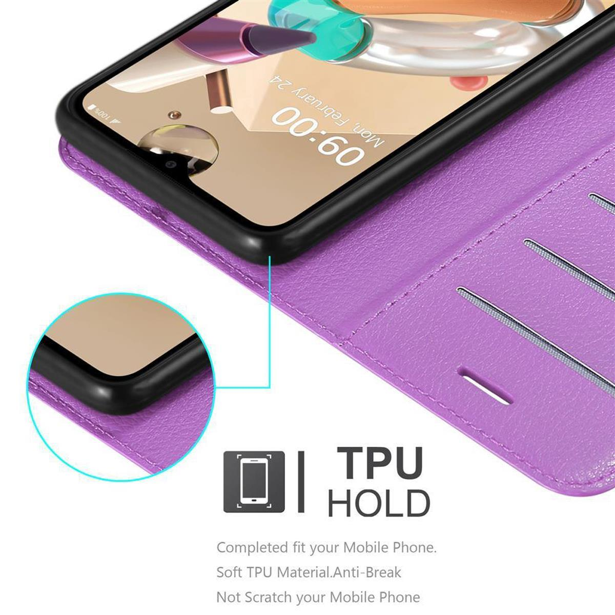 Custodia per telefono a portafoglio viola con un telefono all'interno. La custodia ha un'etichetta TPU HOLD. Lo schermo del telefono è visibile.