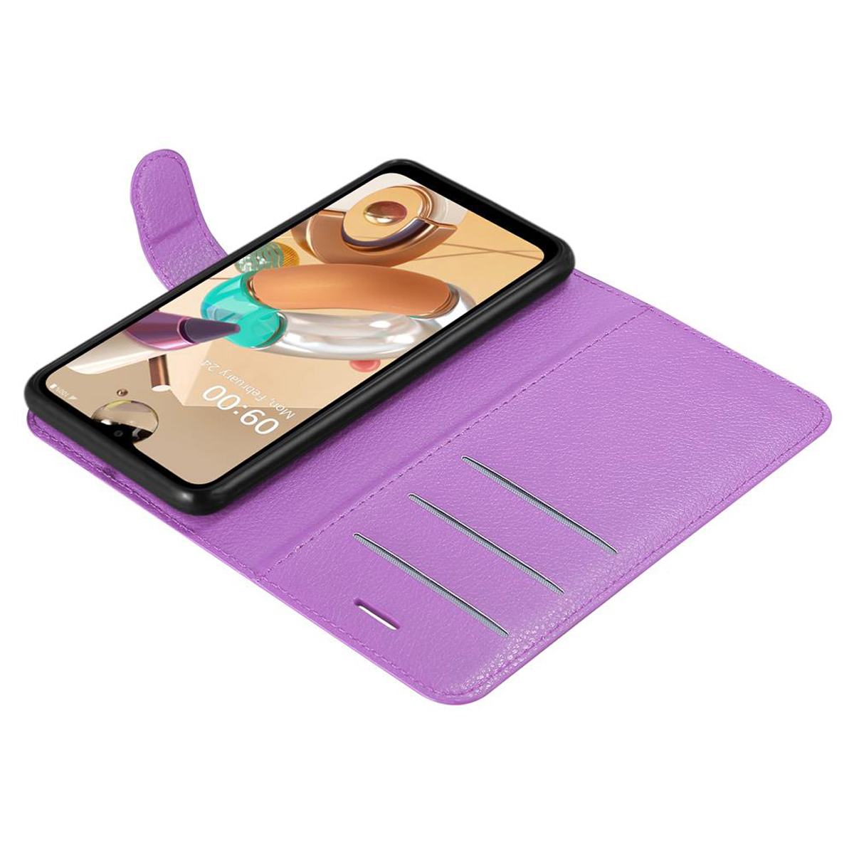 Custodia viola per telefono, aperta. Telefono dentro con display acceso. Tre fessure per carte visibili.