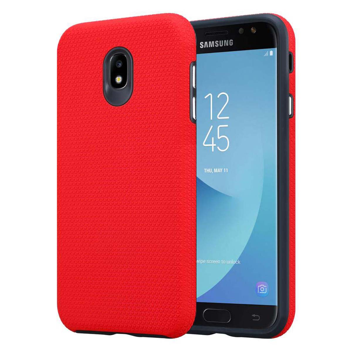 Custodia rossa per telefono. Una custodia rossa sopra un telefono nero. L'ora è mostrata sullo schermo.