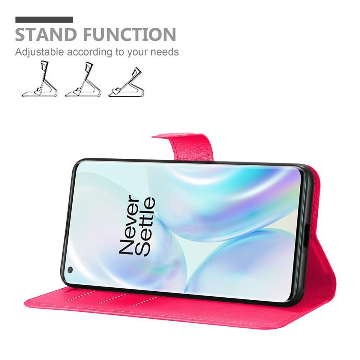 Custodia rosa con telefono in supporto. Lo schermo mostra "Never Settle".