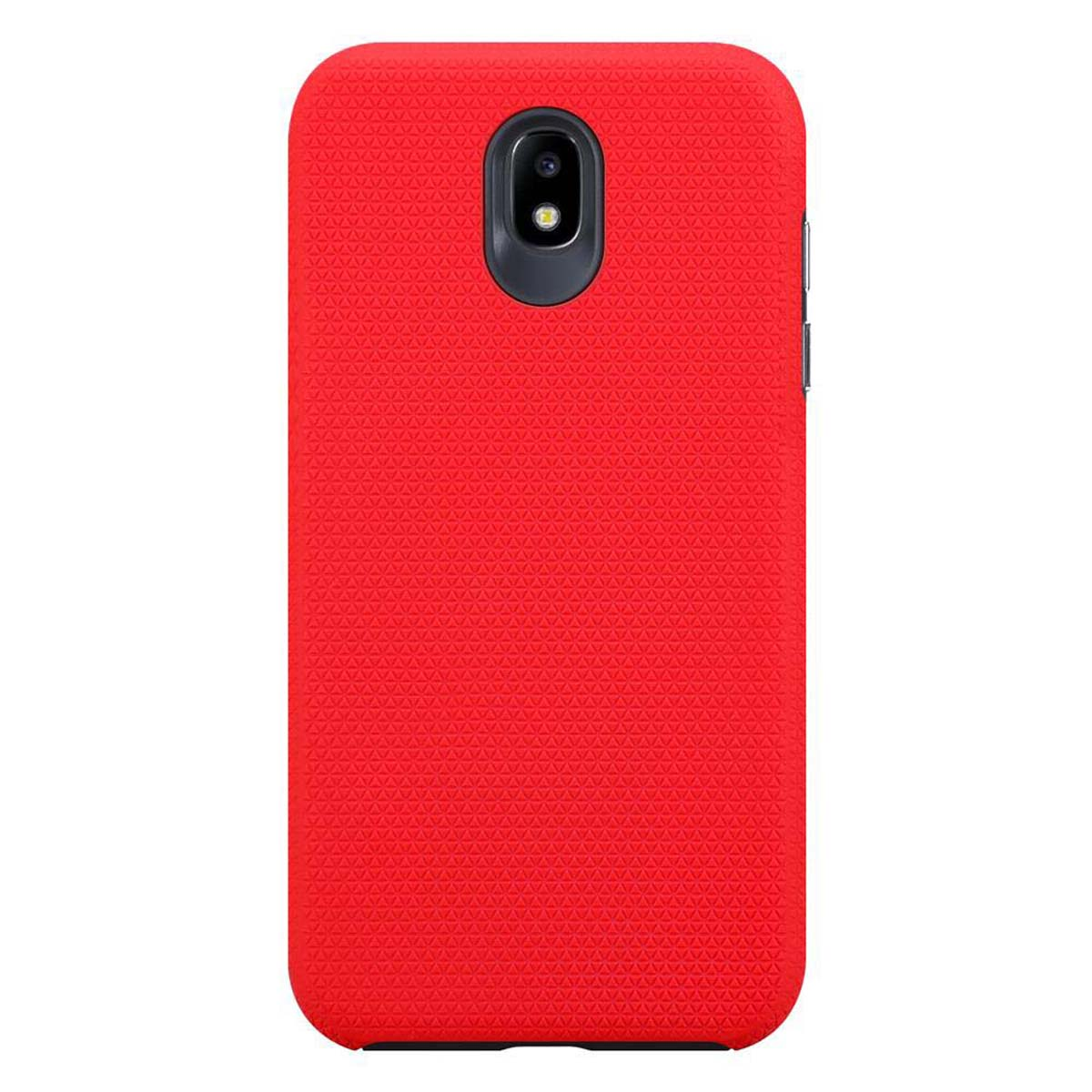 Custodia rossa per telefono. La custodia ha un motivo di piccoli triangoli. La fotocamera è al centro.