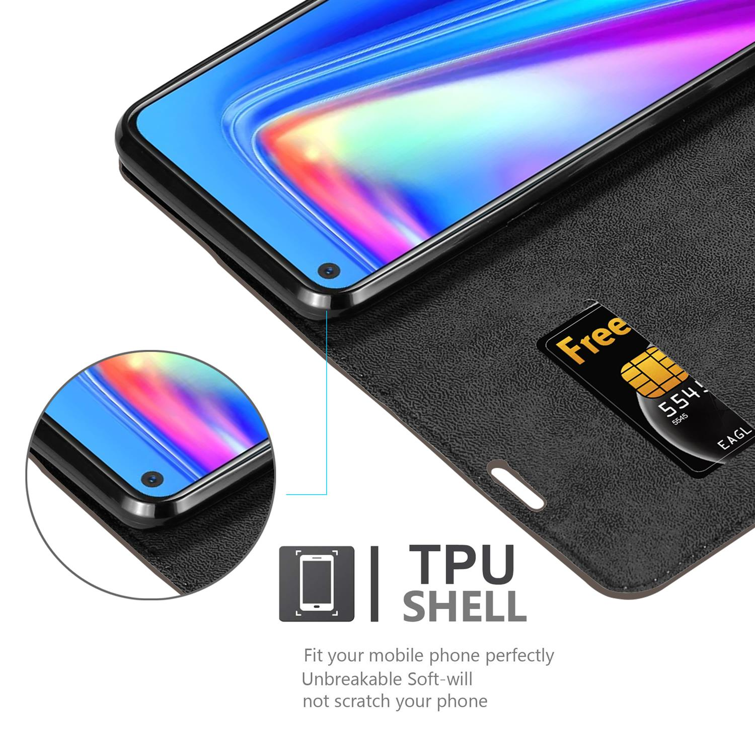Custodia per telefono in pelle nera, aperta, che mostra un telefono e una carta. Testo: TPU SHELL.