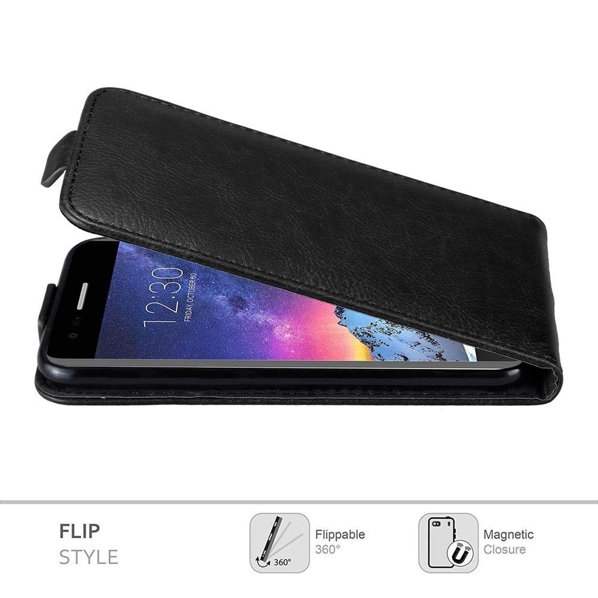 Custodia a flip nera, aperta, con un telefono all'interno. I diagrammi mostrano le funzioni ribaltabili e di chiusura magnetica.
