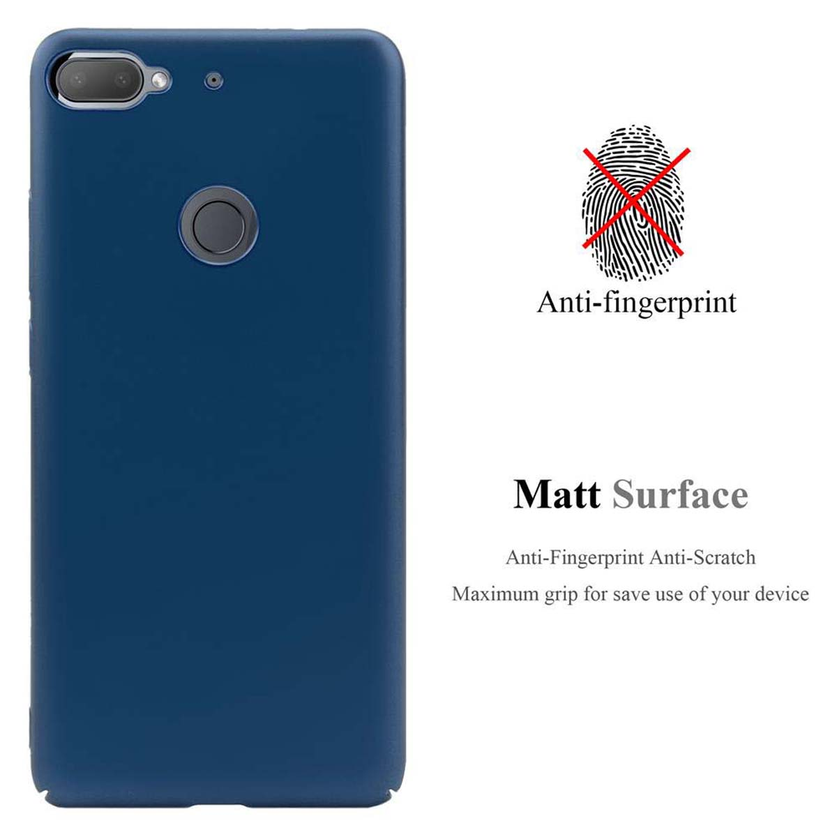 Una custodia per telefono blu scuro con un foro per la fotocamera e testo che indica che è anti-impronta e opaca.
