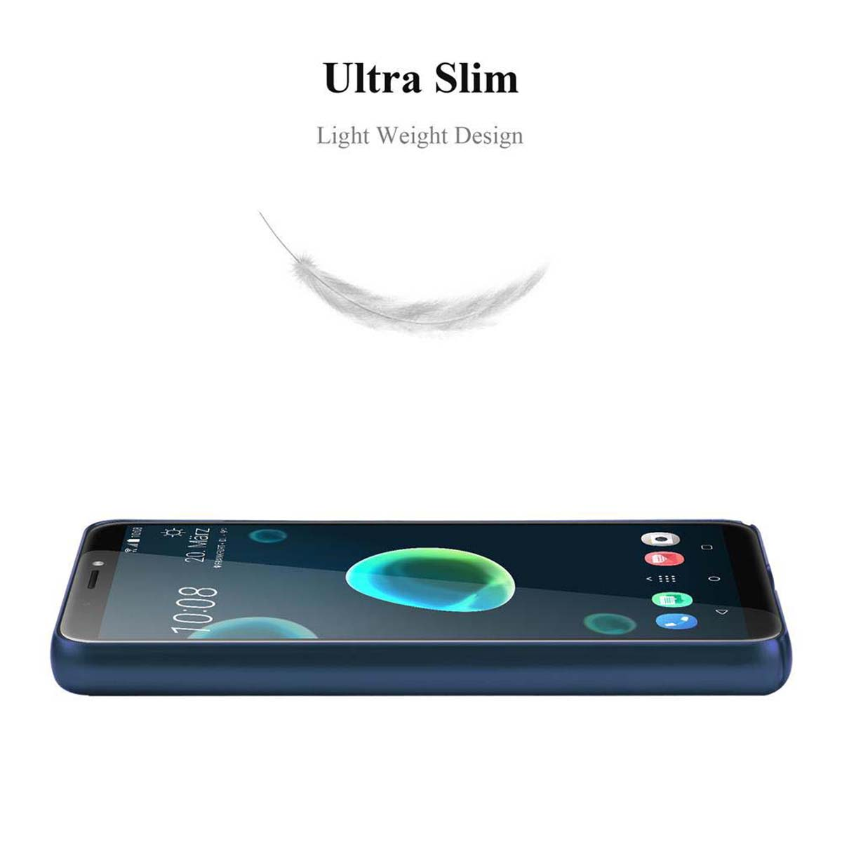 Custodia blu scuro per telefono con un telefono all'interno. Testo: Ultra sottile.