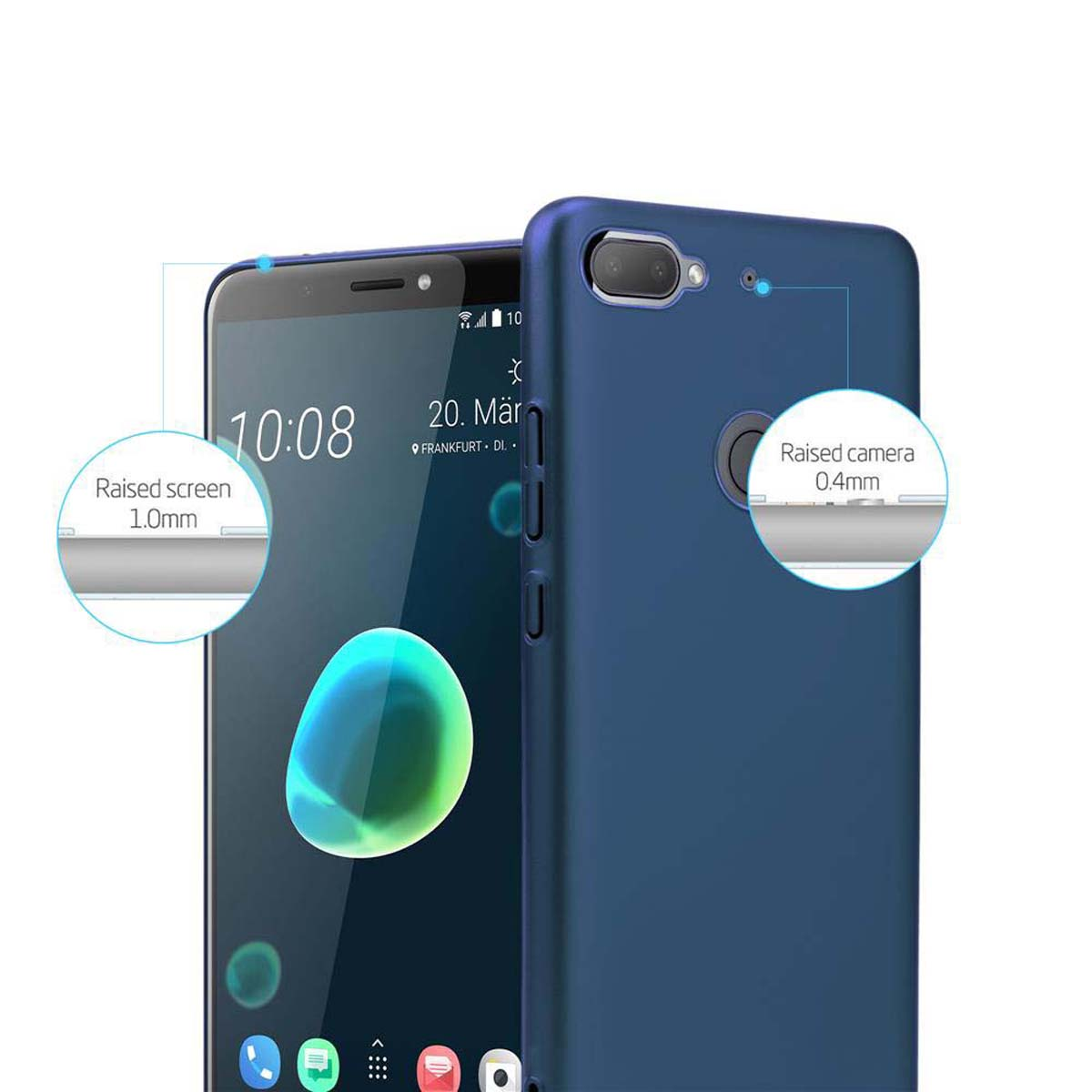 Custodia blu per telefono con telefono all'interno, che mostra i dettagli dello schermo e della fotocamera, sfondo bianco.