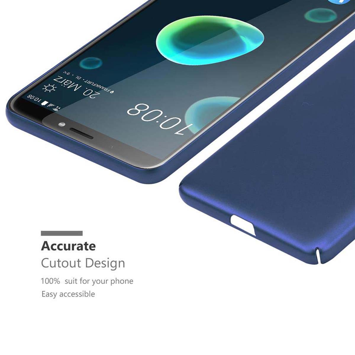 Custodia blu per telefono con un telefono all'interno. La custodia ha un design di ritaglio preciso. Il telefono è su una superficie.