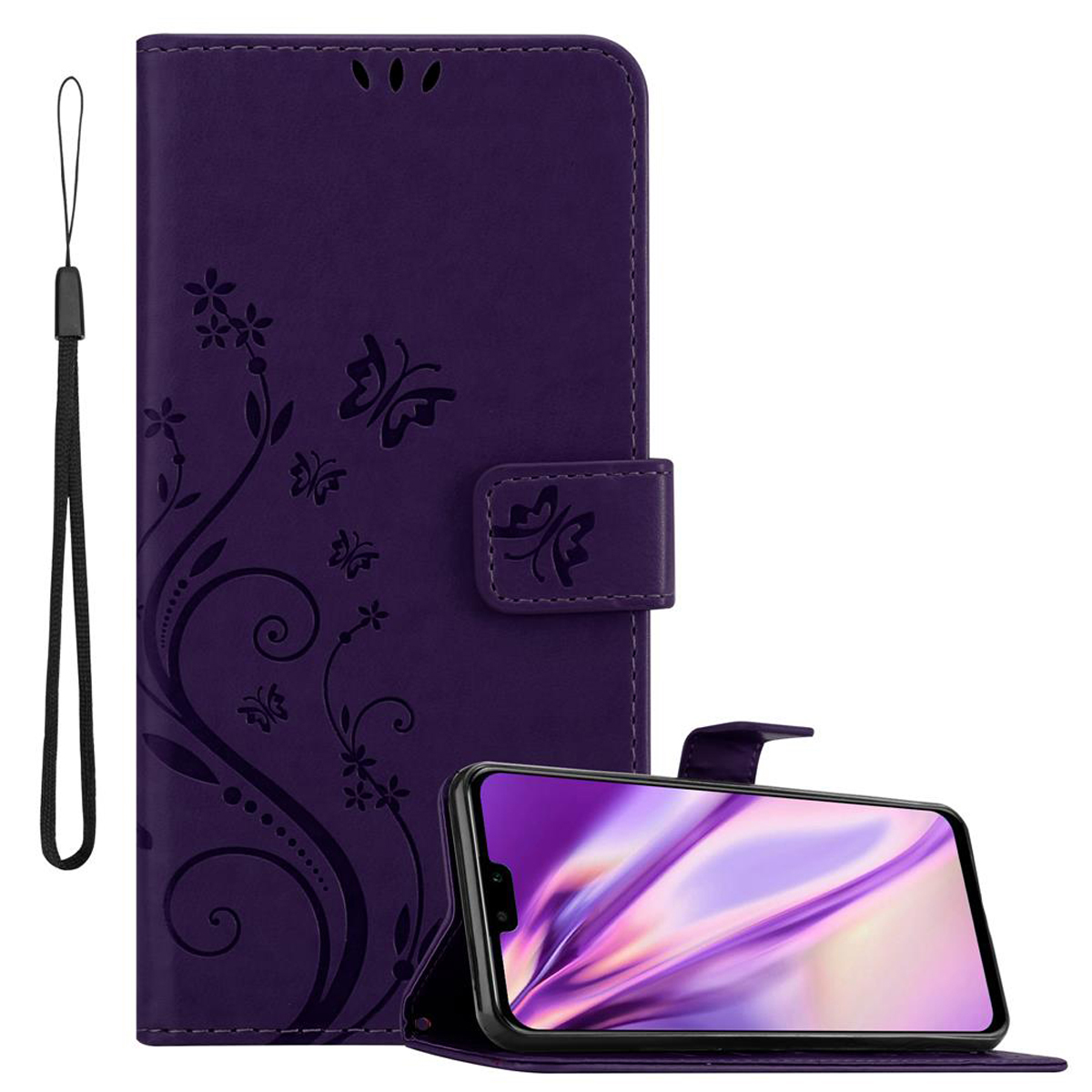 Funda de teléfono morada con un patrón floral y un teléfono dentro. El teléfono está apoyado.