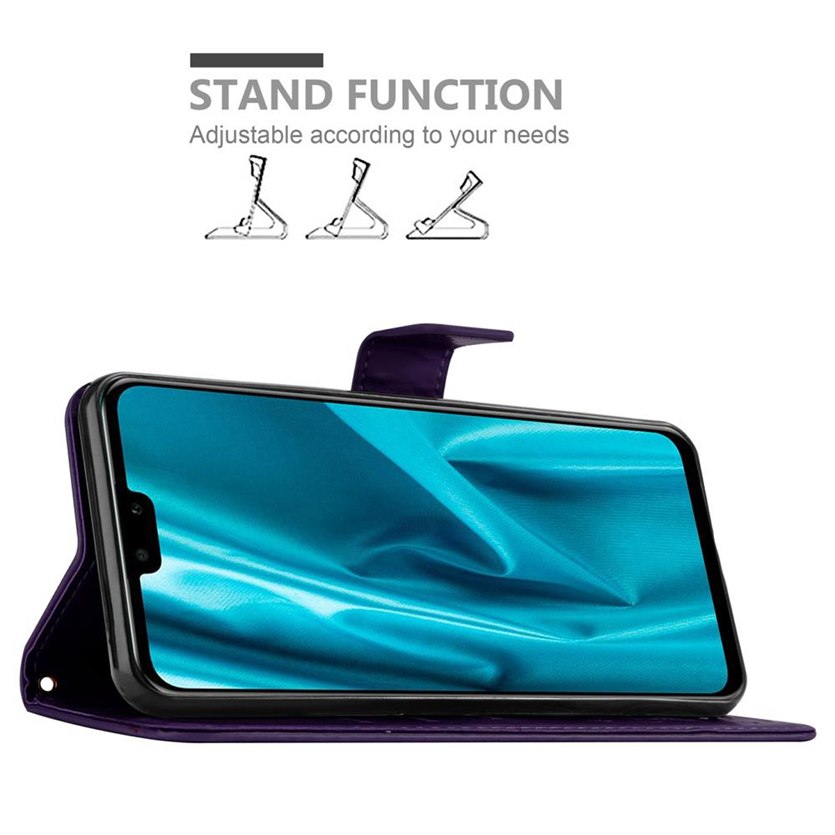 Teléfono en funda morada, abierto, en un soporte con ilustraciones de soporte.