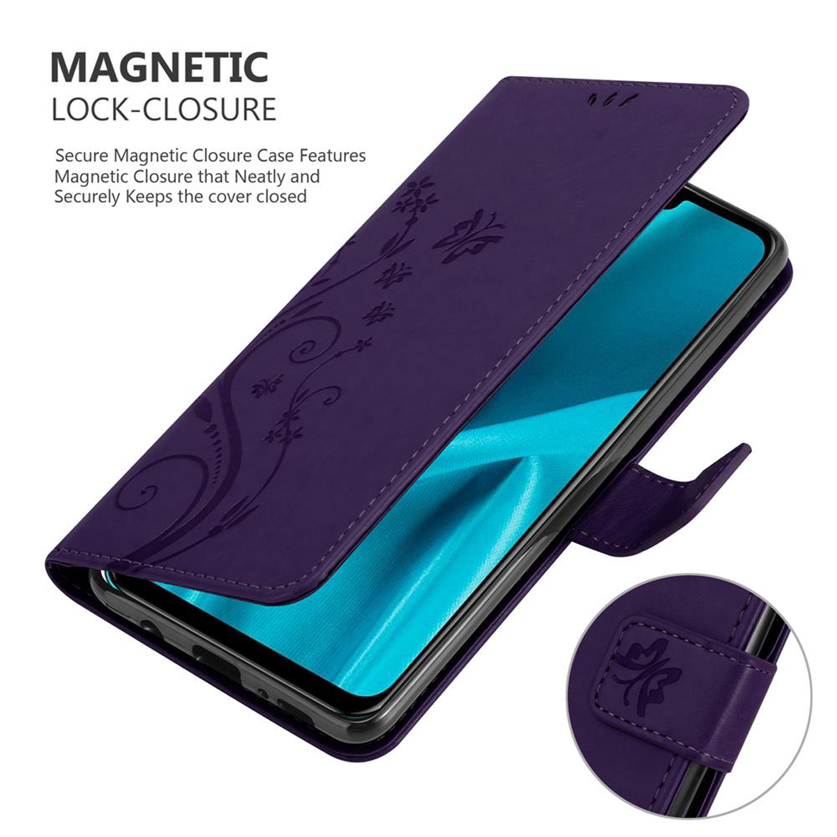 Funda de teléfono morada con diseño floral, abierta con teléfono.