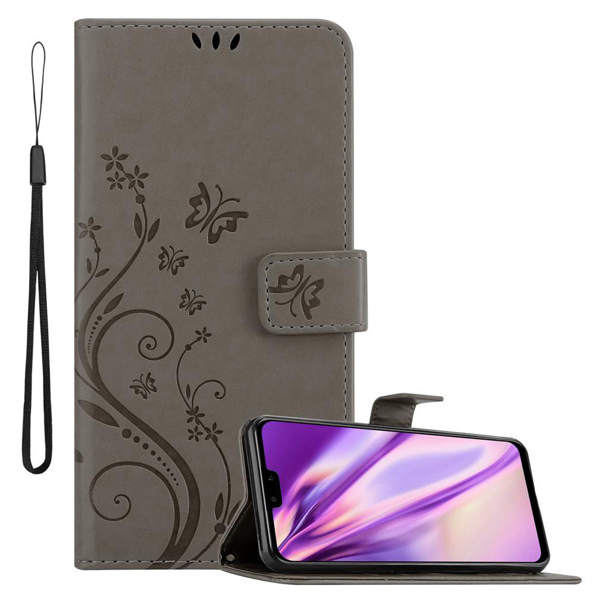 Funda gris para teléfono con diseño de mariposa, teléfono dentro. Correa de muñeca negra.