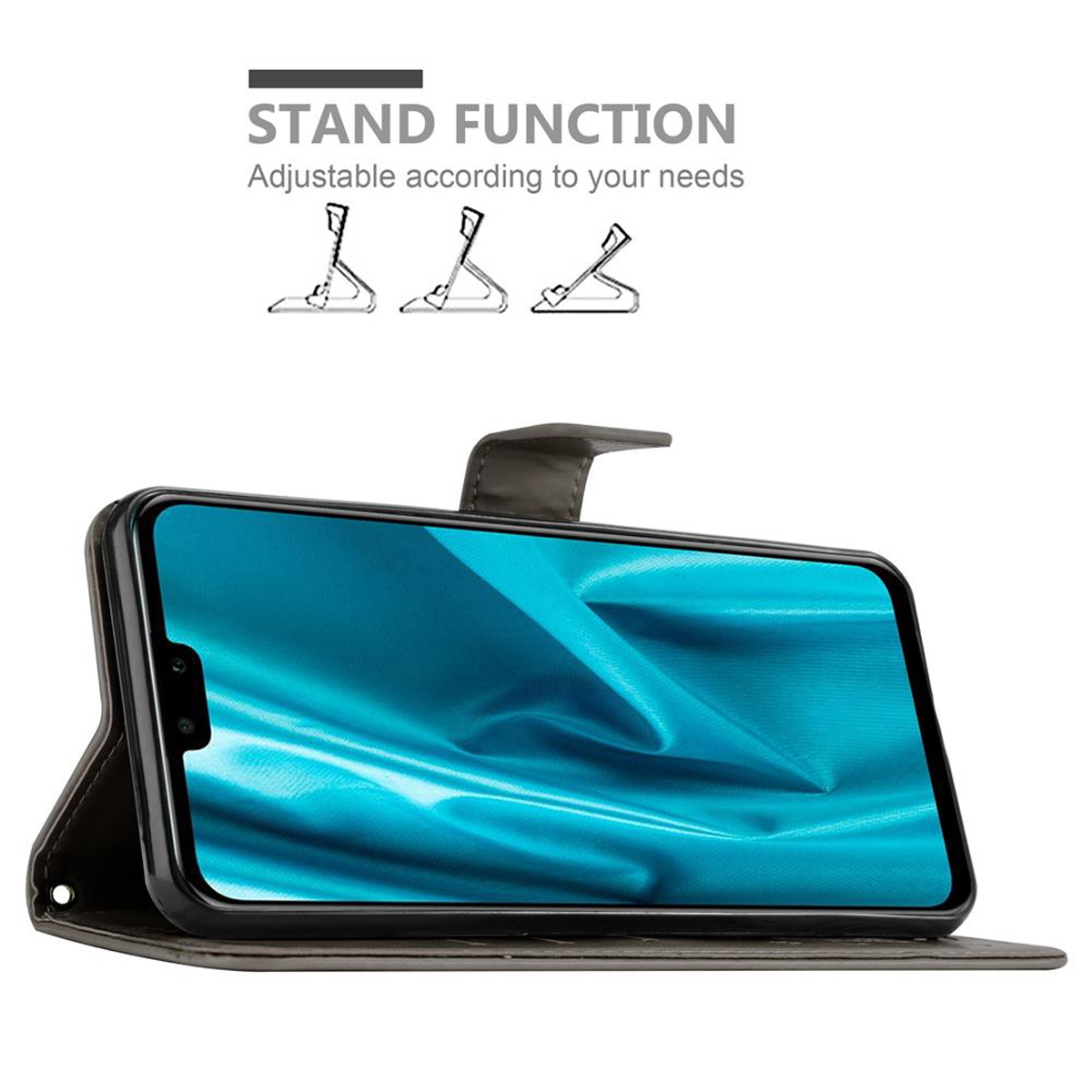 Funda de teléfono negra, abierta, con teléfono dentro. Función de soporte destacada.