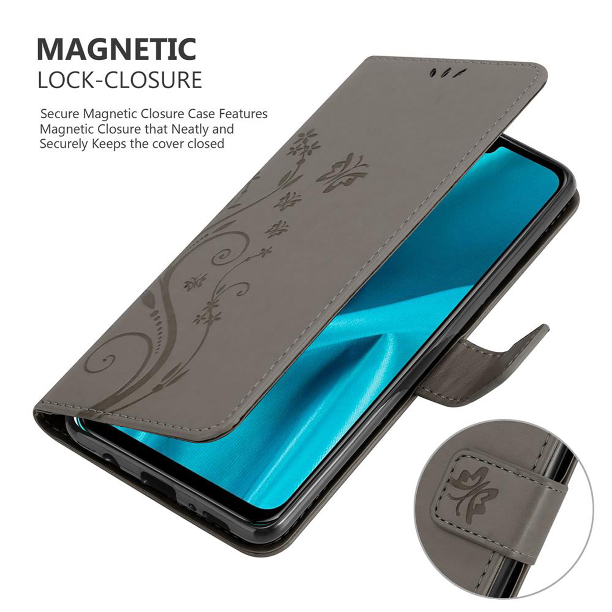 Una funda gris para teléfono está abierta, mostrando una pantalla de teléfono. La funda tiene un diseño floral.