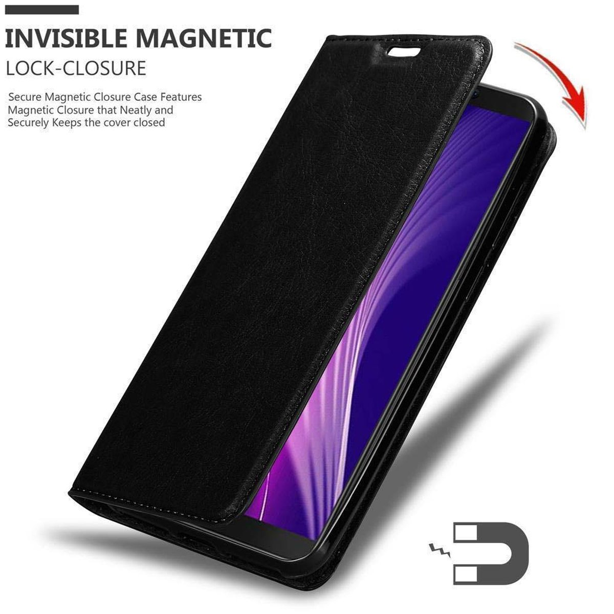 Schwarze Handyhülle mit offenem Telefon. Magnetischer Verschluss ist vorhanden.