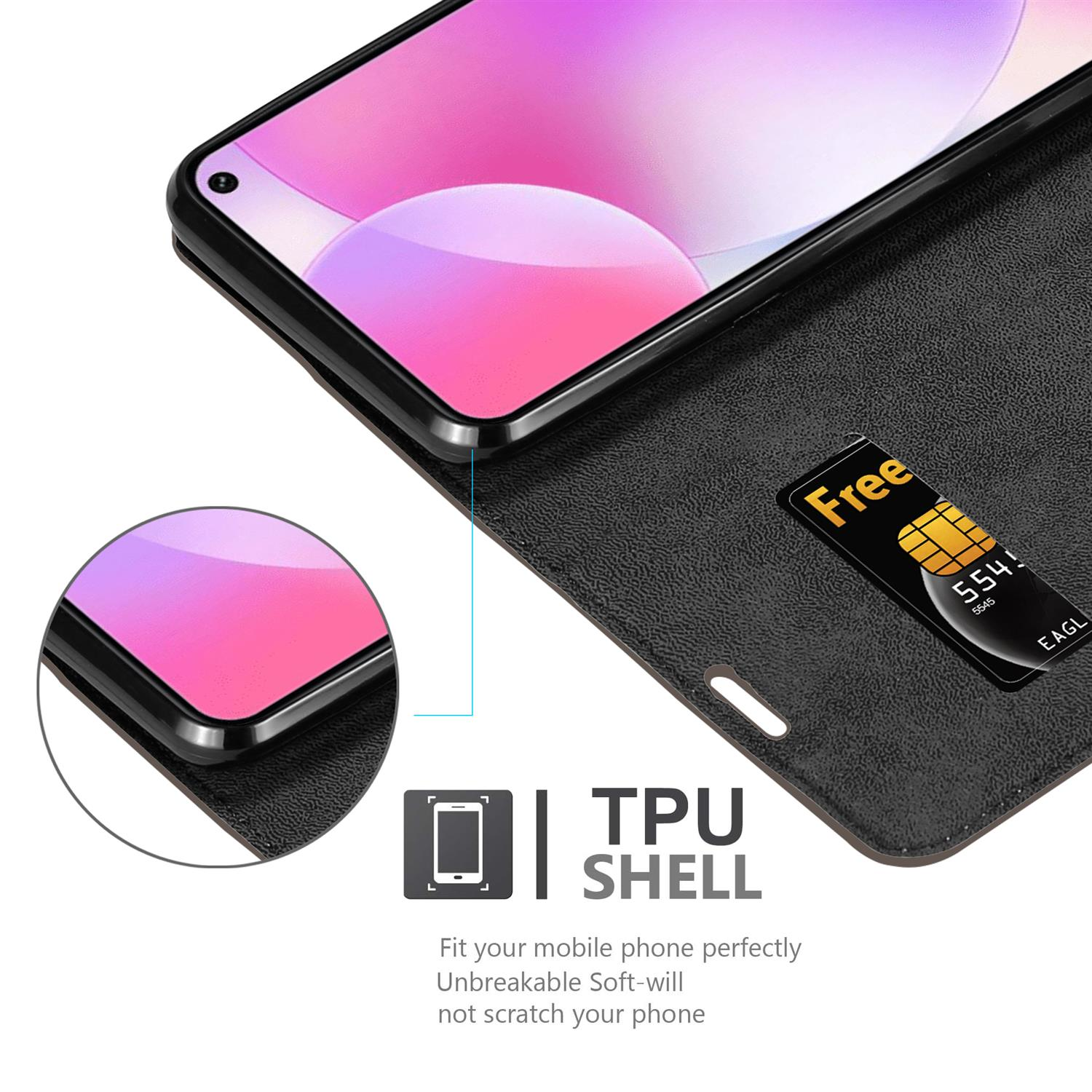 Telefono in custodia nera, carta di credito visibile. Testo: TPU SHELL.