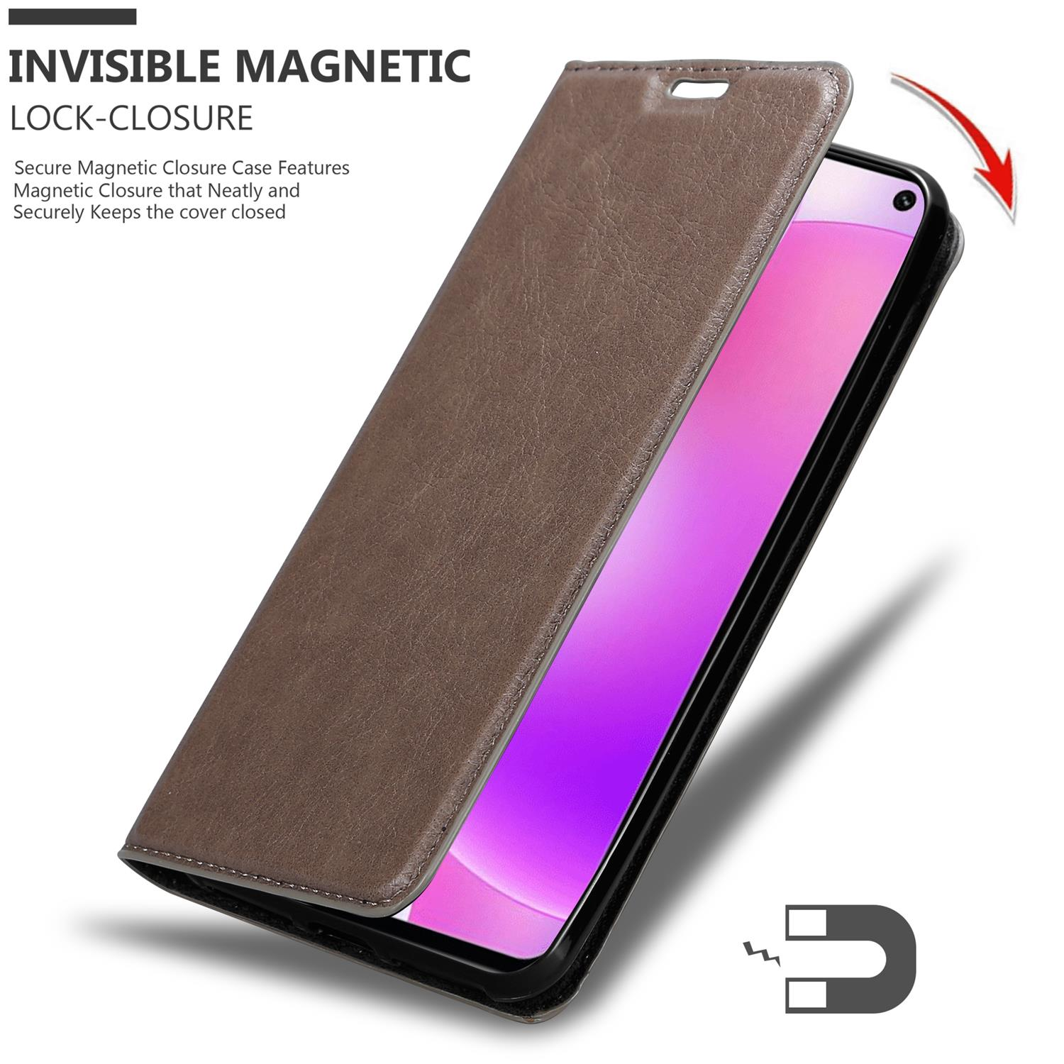 Custodia marrone con chiusura magnetica. Telefono visibile, freccia indica l'apertura.