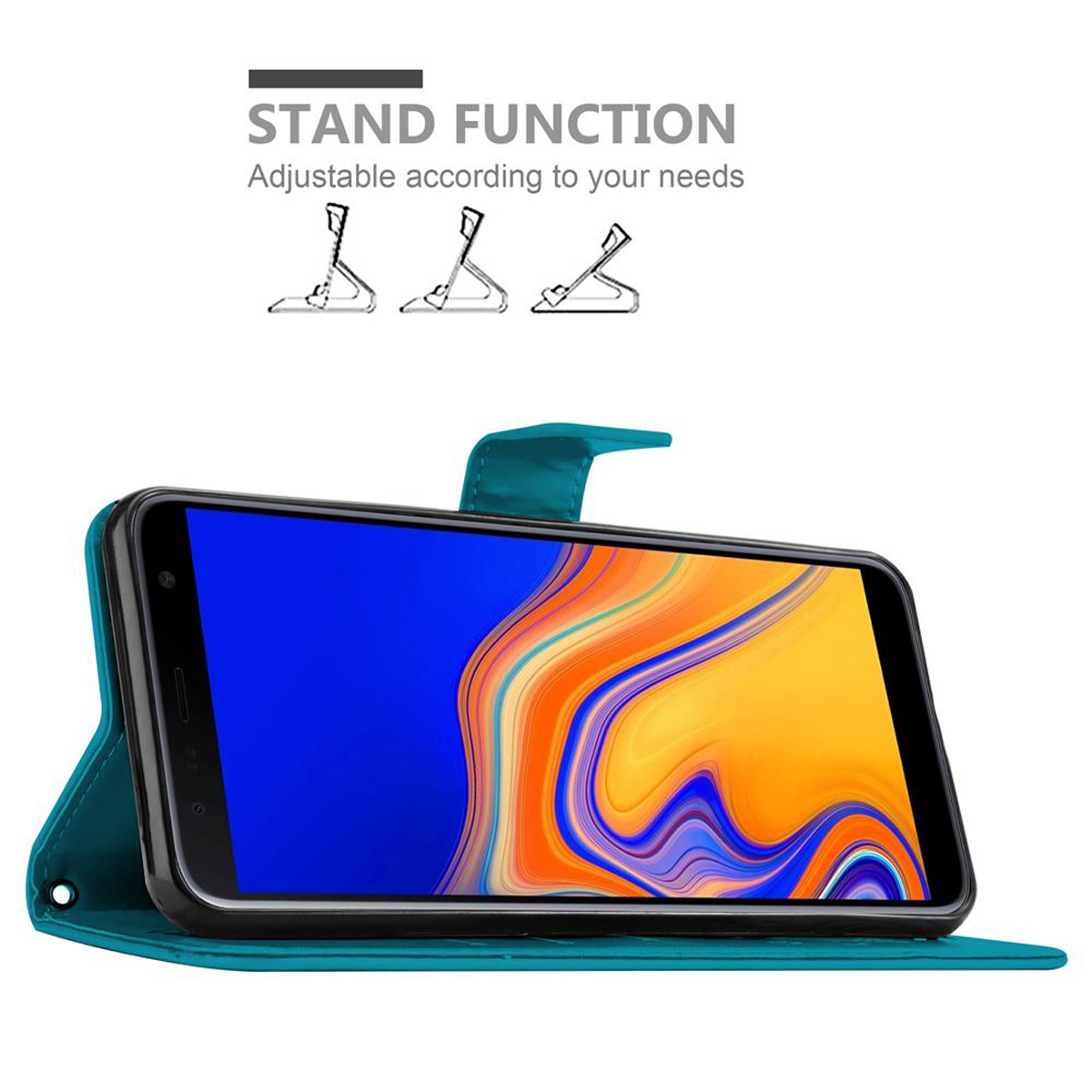 Custodia per telefono verde acqua con telefono dentro, in modalità stand. Dettagli della funzione stand sopra.