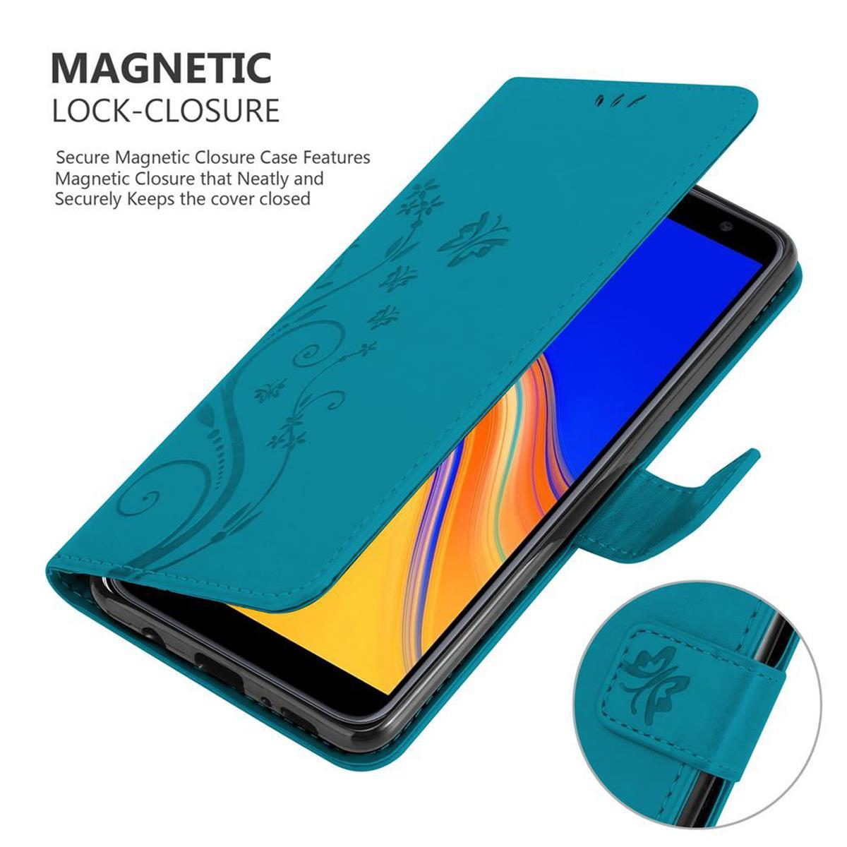 Custodia verde acqua per telefono con un telefono all'interno, aperta. Testo: Chiusura magnetica.